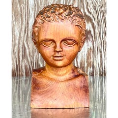 Vintage Hand Carved Wood Bust of Child Sculpture