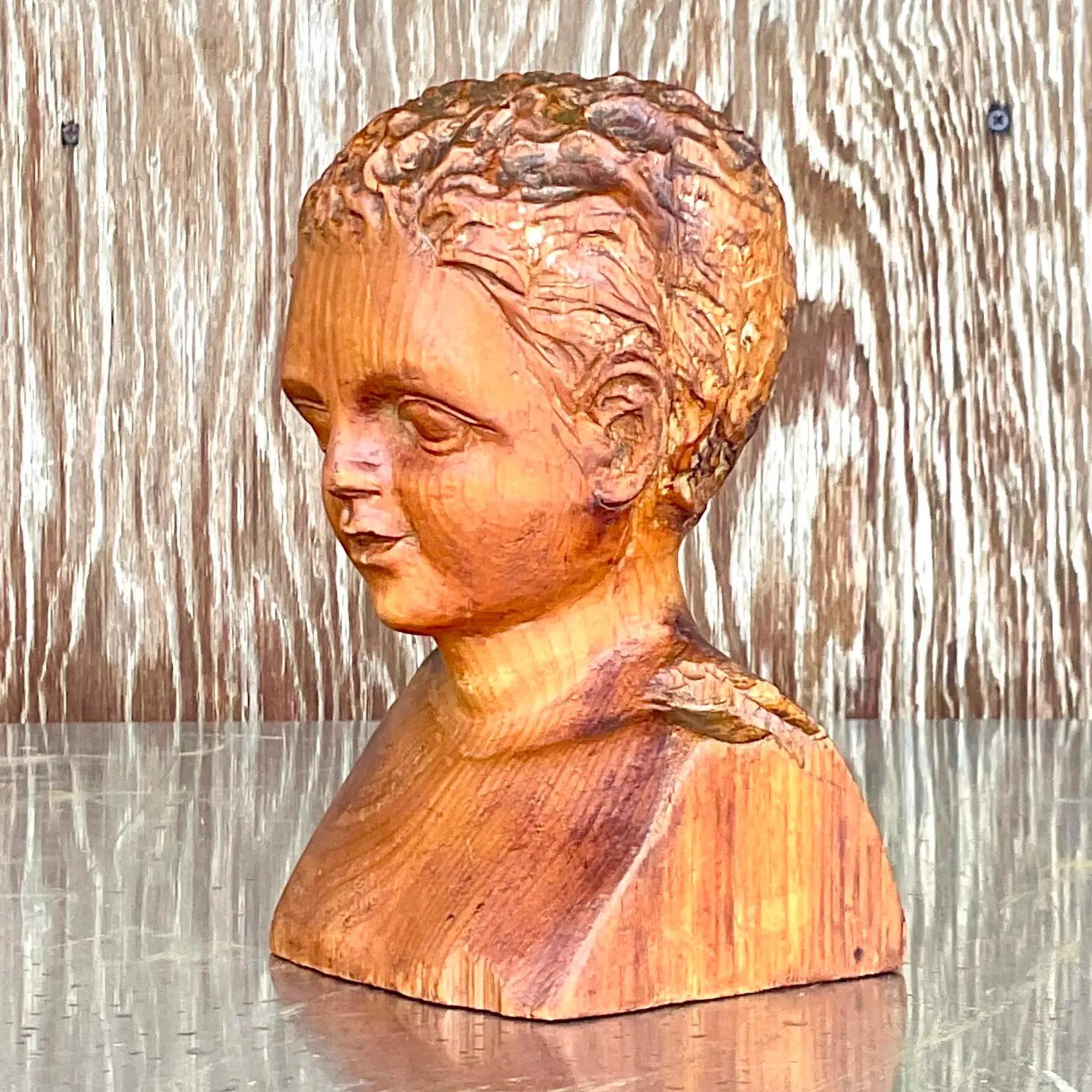 Bohemian Vintage Hand Carved Wood Bust of Child Sculpture For Sale