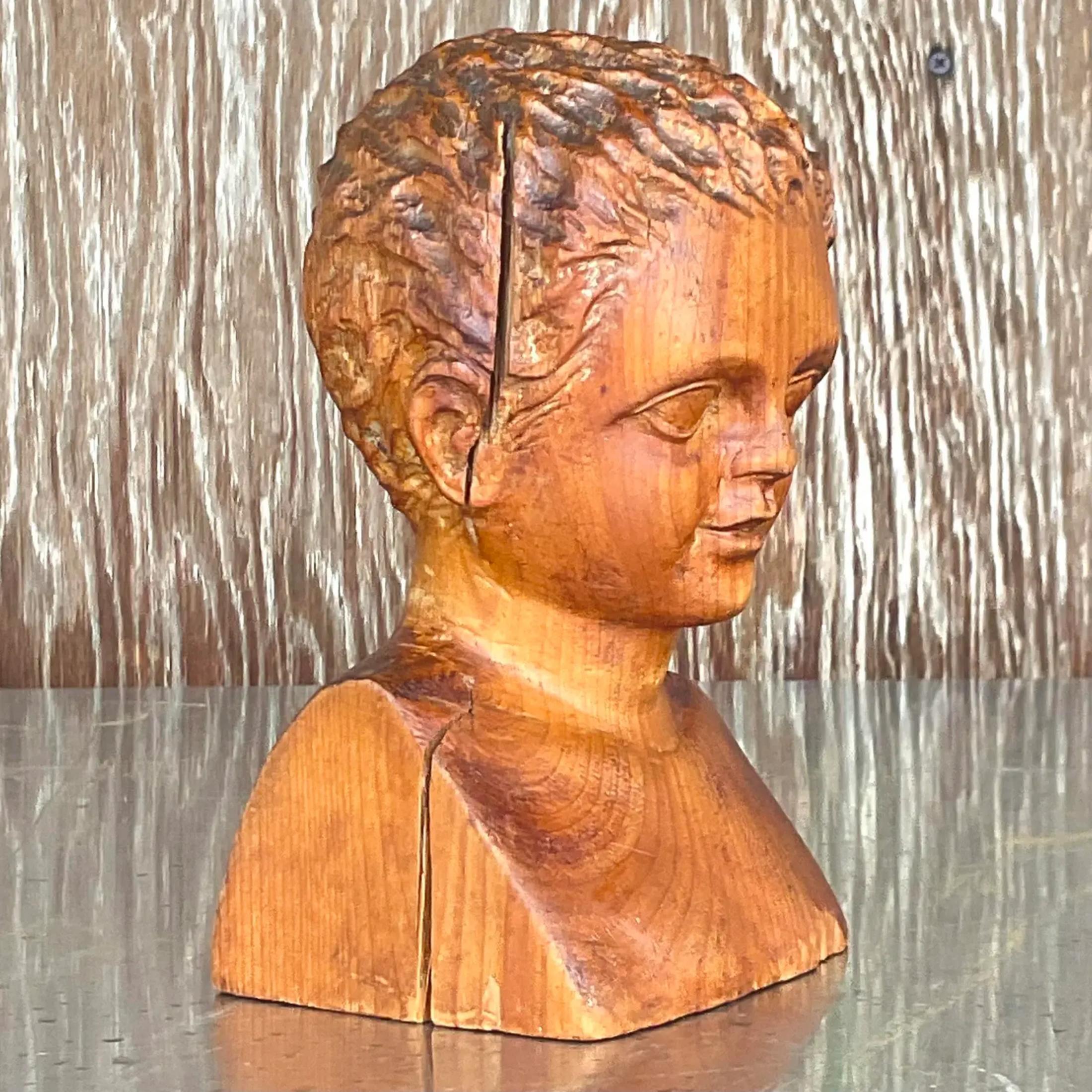 Vintage Hand Carved Wood Bust of Child Sculpture In Good Condition For Sale In west palm beach, FL