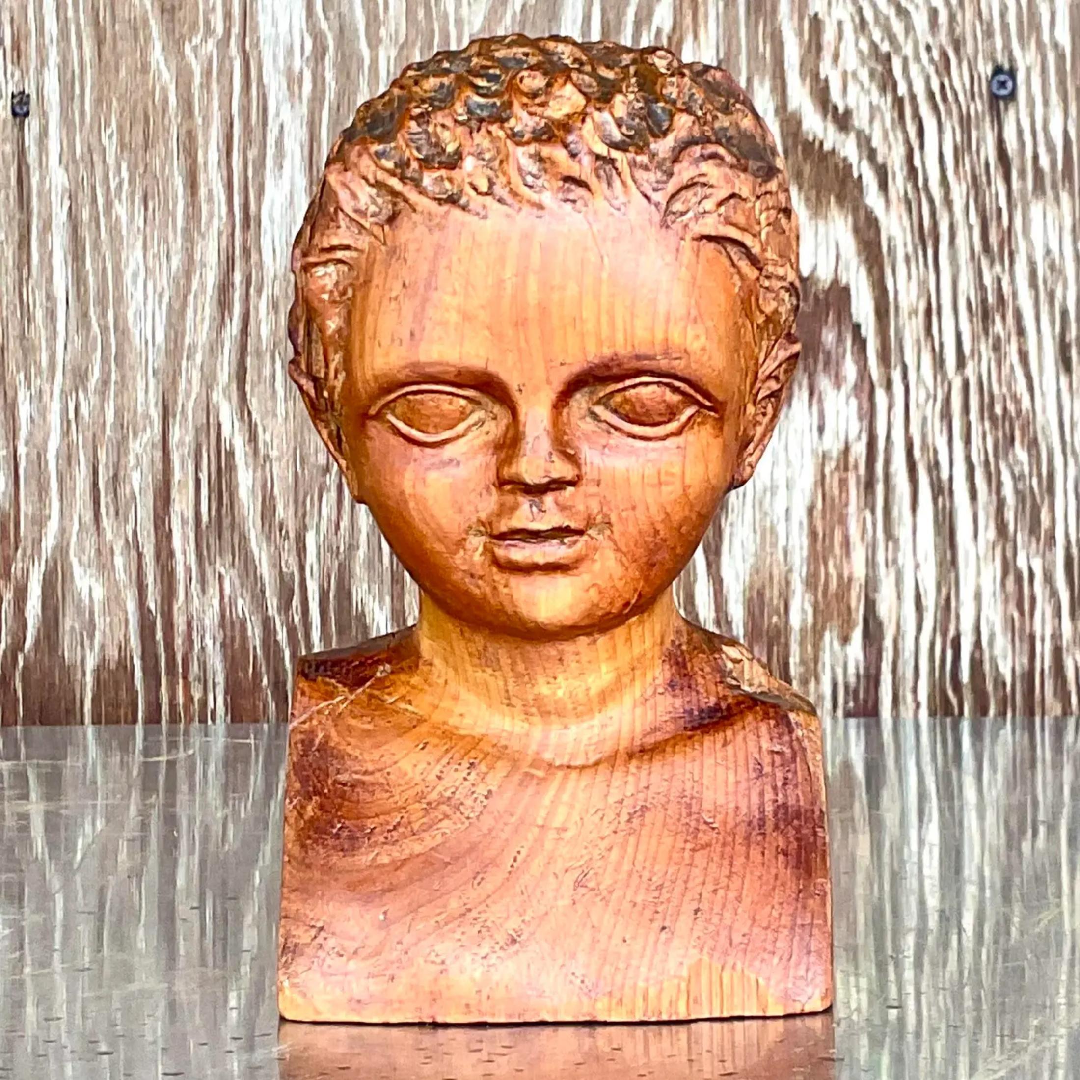 20th Century Vintage Hand Carved Wood Bust of Child Sculpture For Sale