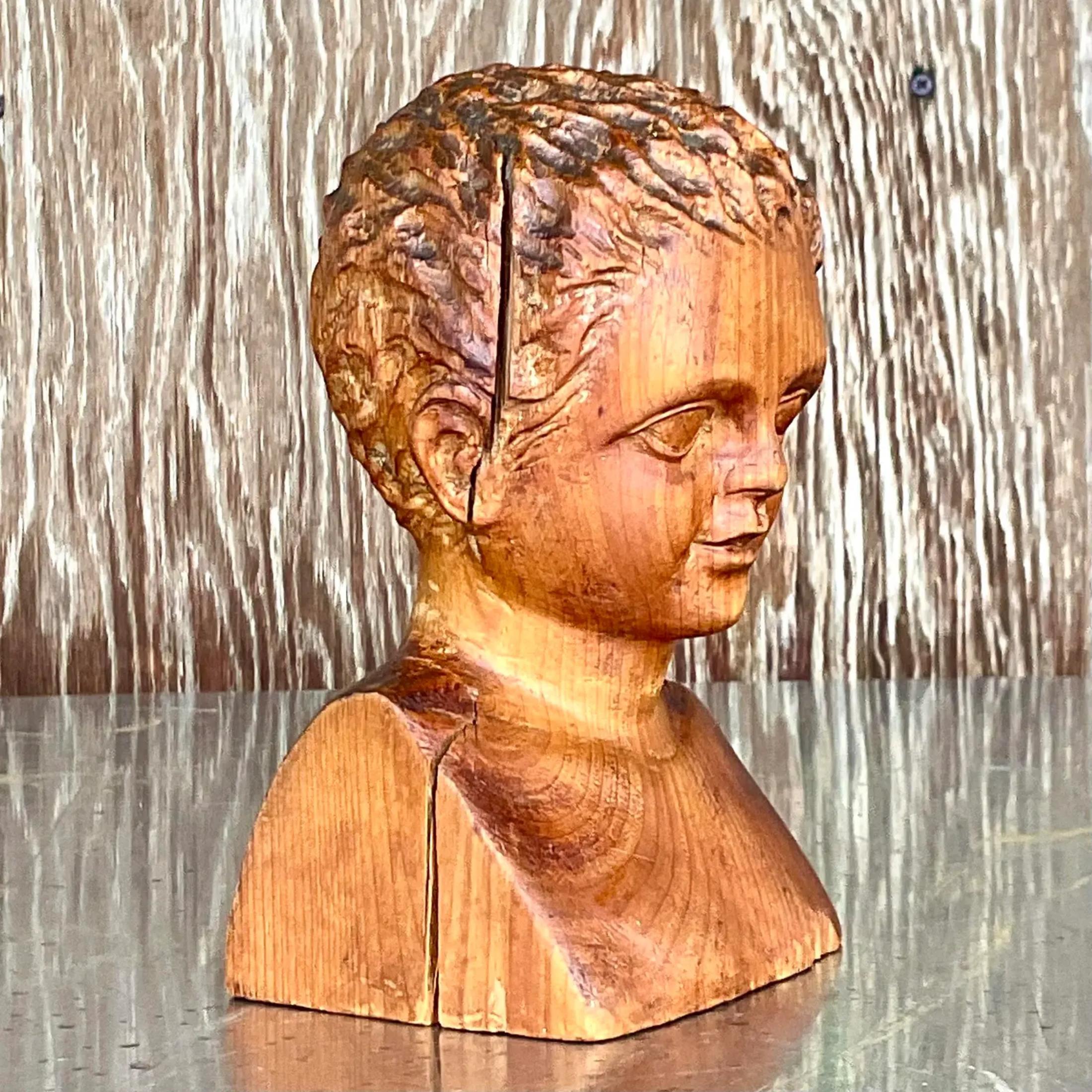 Vintage Hand Carved Wood Bust of Child Sculpture For Sale 1