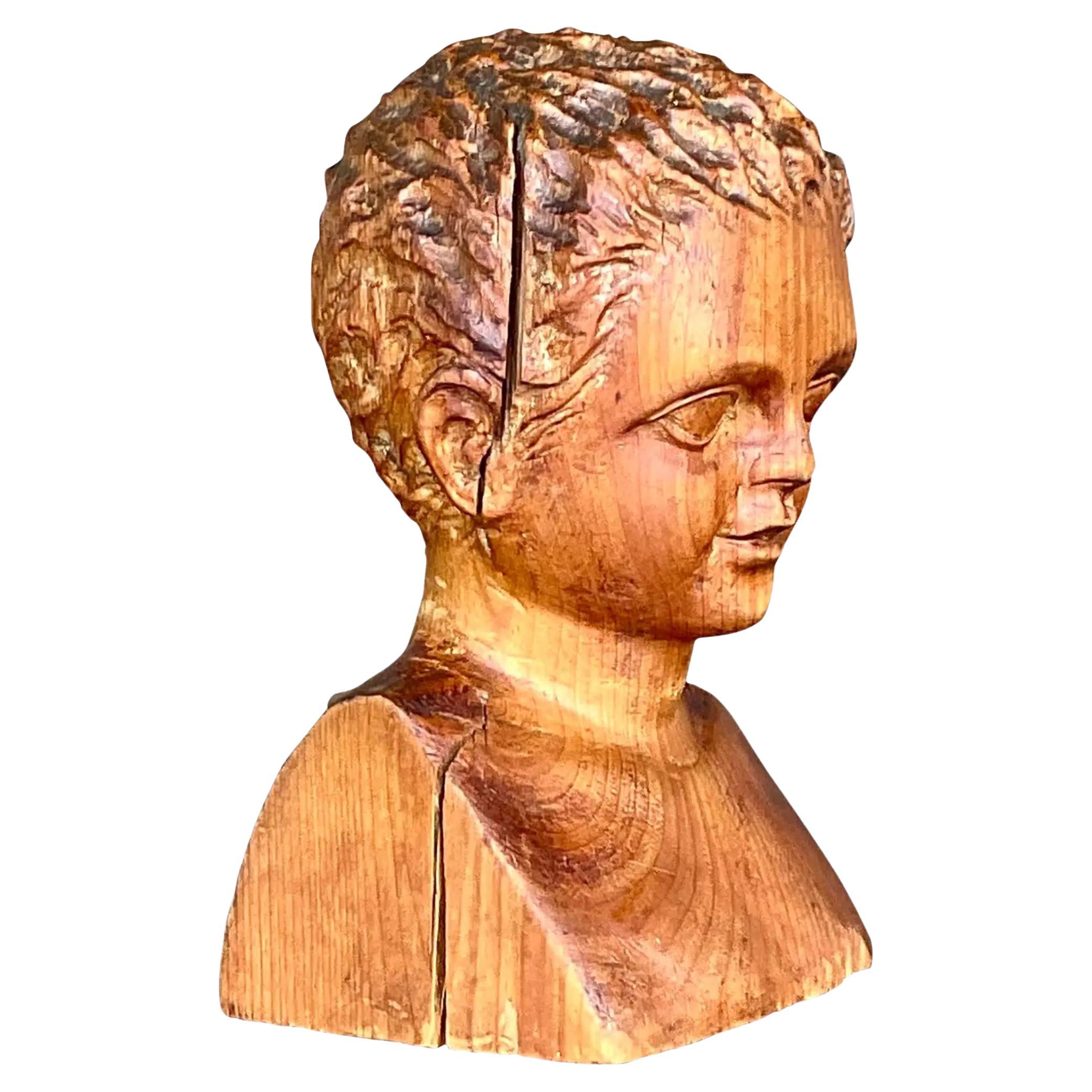 Vintage Hand Carved Wood Bust of Child Sculpture For Sale