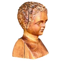 Vintage Hand Carved Wood Bust of Child Sculpture