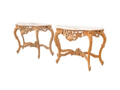 Vintage Hand-Carved Wood Console Tables - Ornate Shell Motif, a Pair