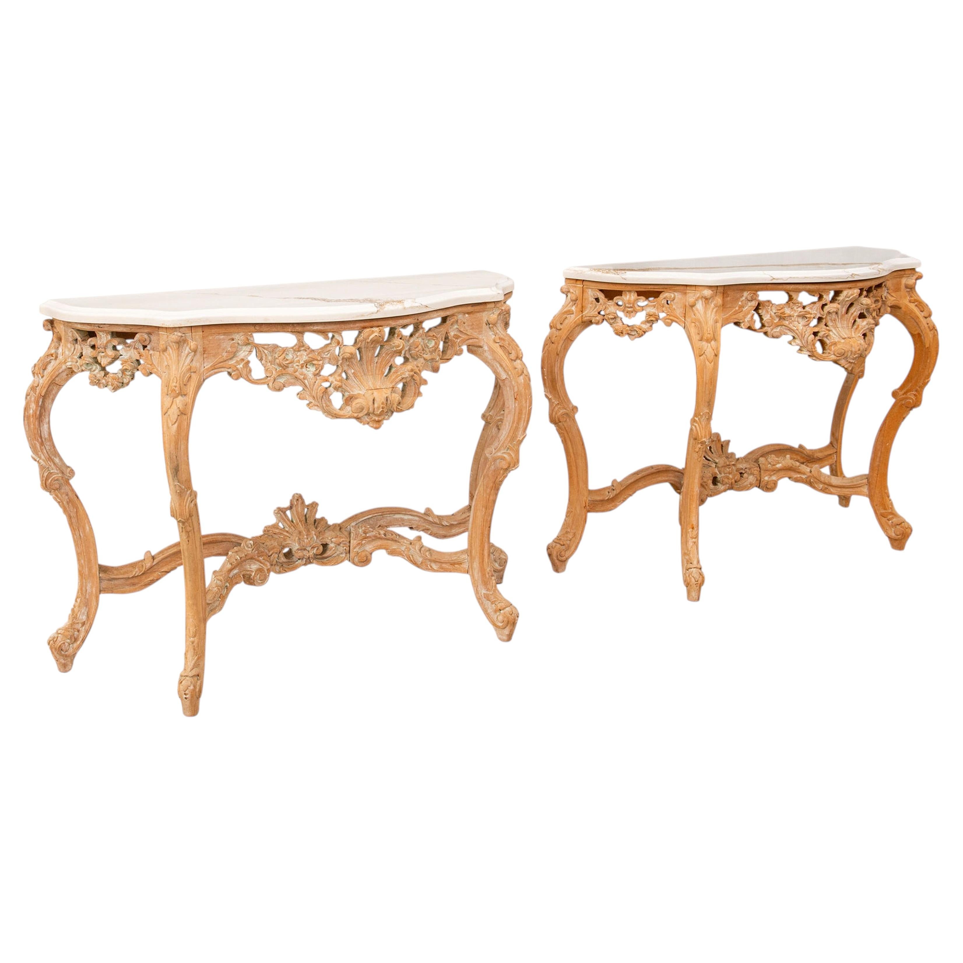Vintage French Hand-Carved Wood Console Tables - Ornate Shell Motif, a Pair For Sale