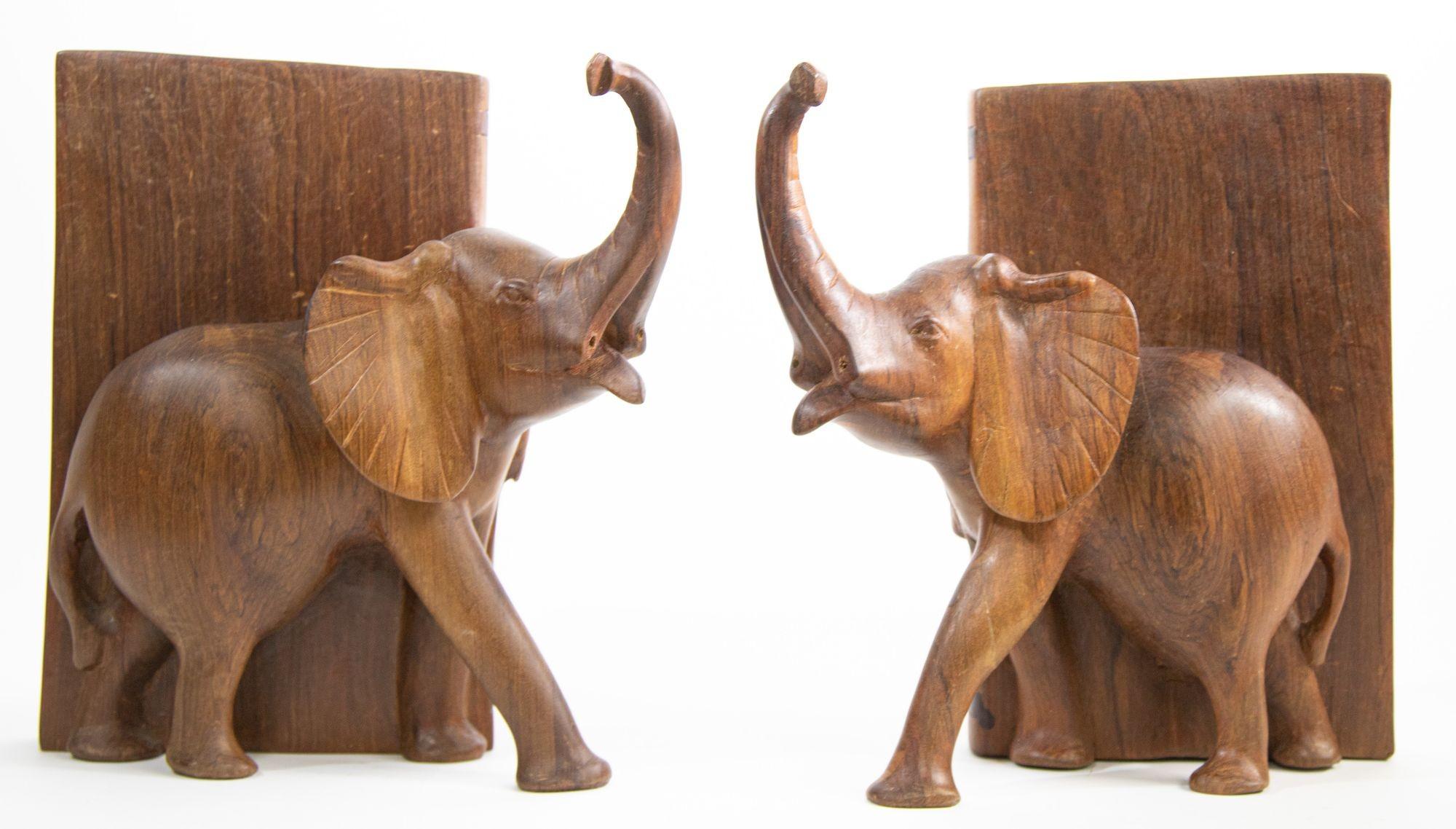 Vintage Hand-Carved Wood Elephant Bookends 1
