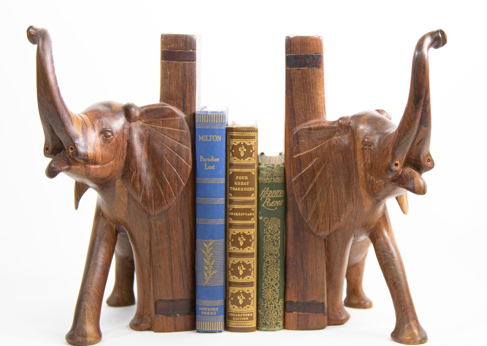 Vintage Hand-Carved Wood Elephant Bookends 2