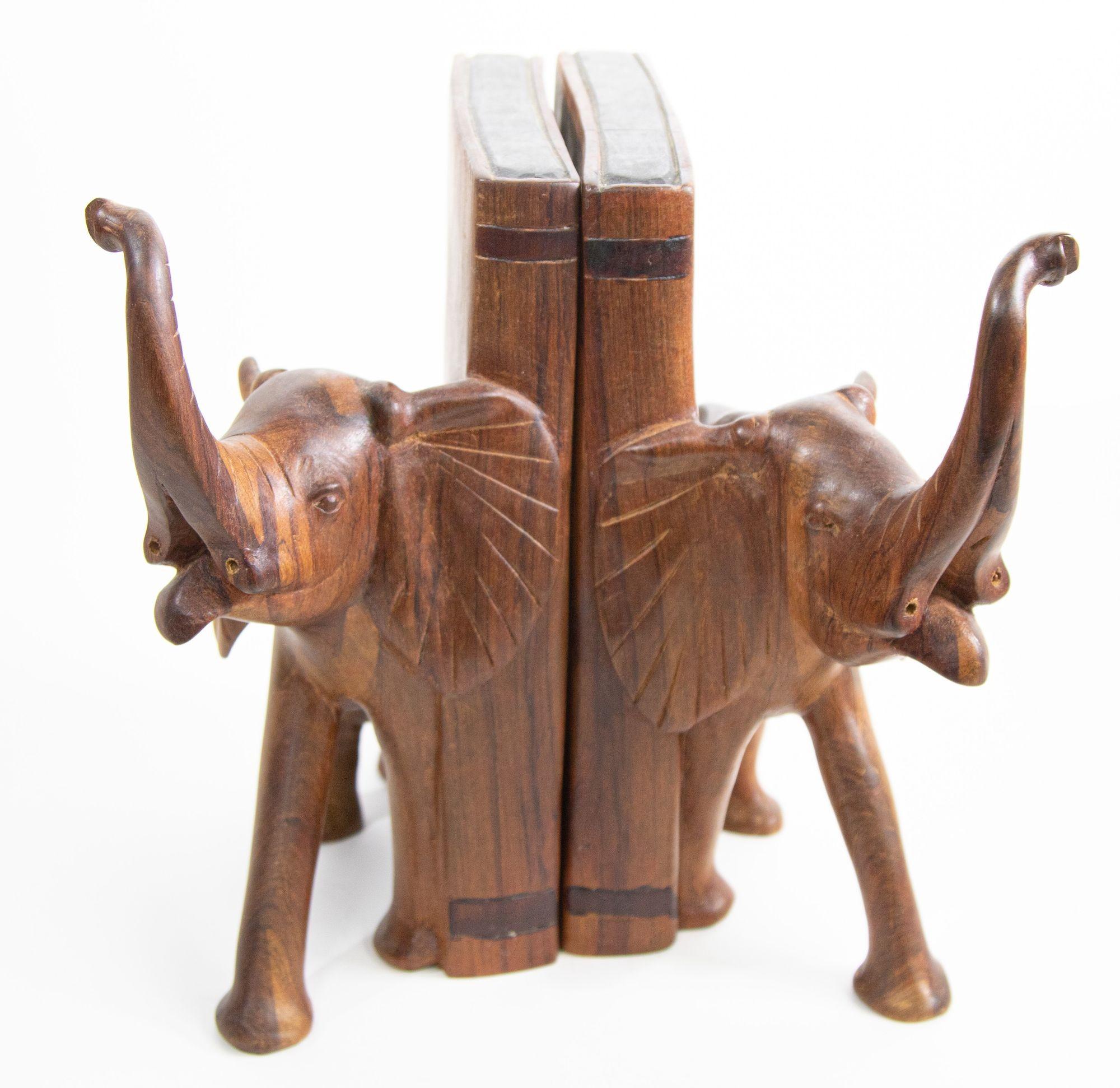 Vintage Hand-Carved Wood Elephant Bookends 4