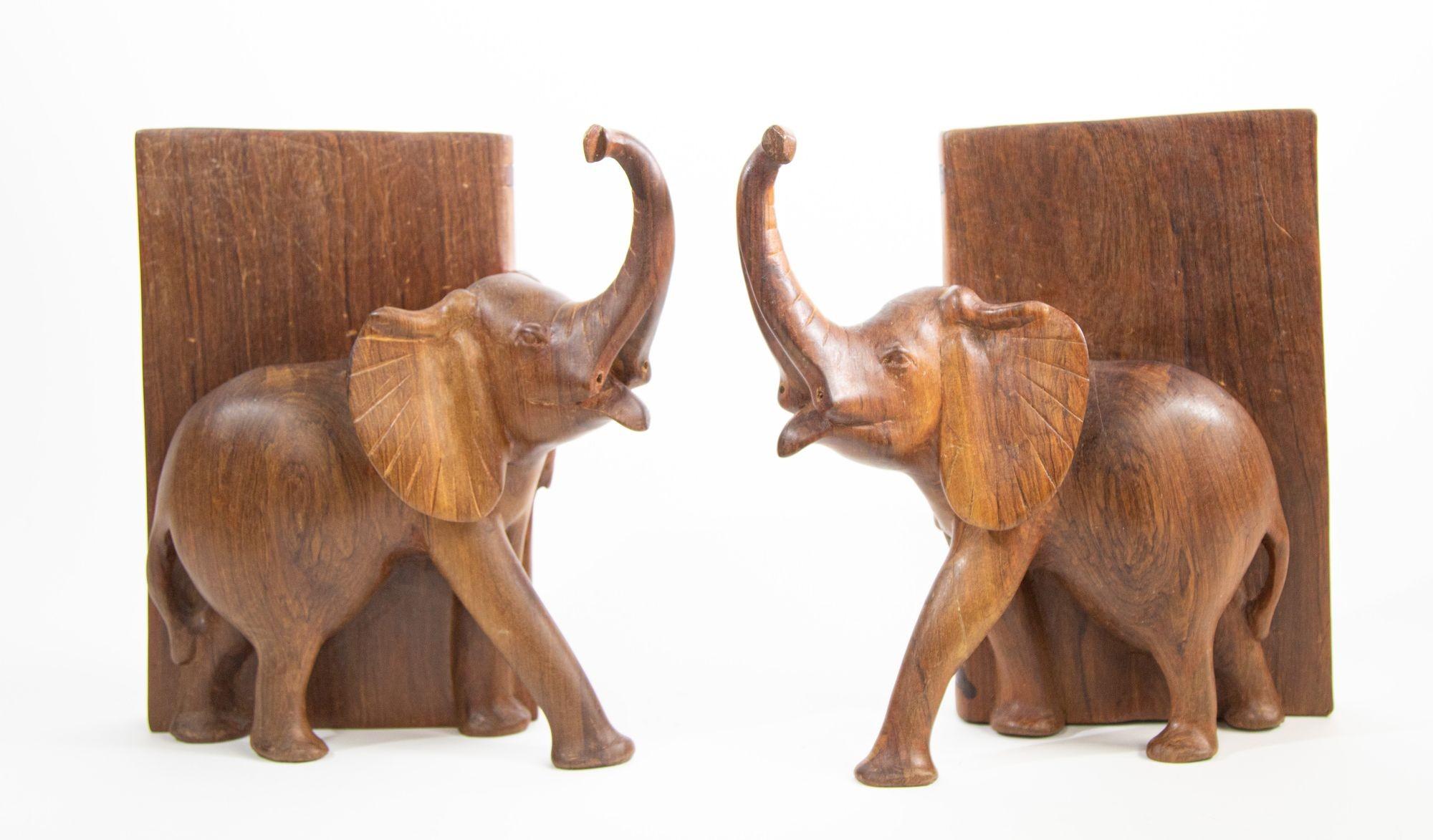 Arts and Crafts Vintage Hand-Carved Wood Elephant Bookends