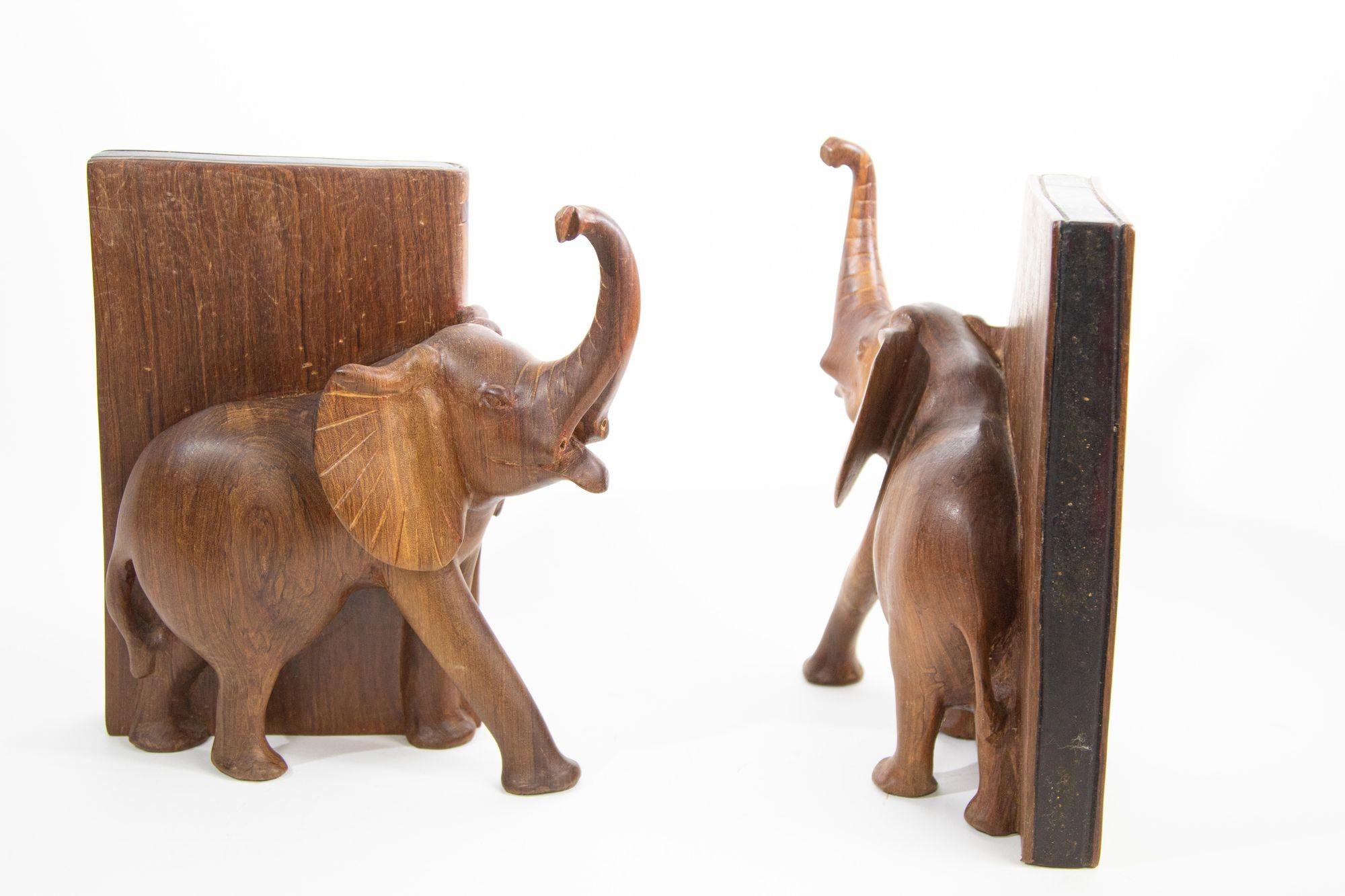 Indian Vintage Hand-Carved Wood Elephant Bookends