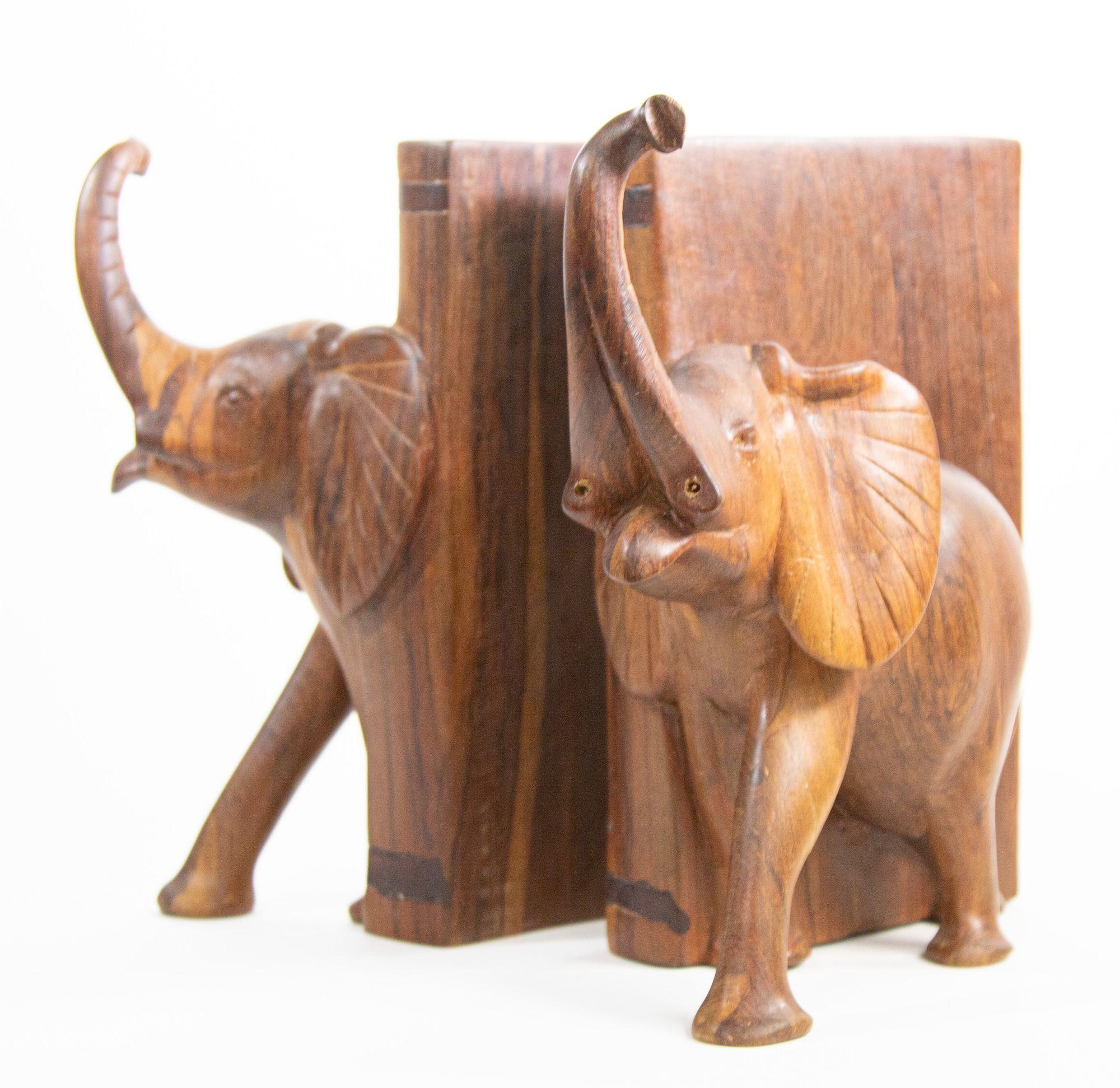 Vintage Hand-Carved Wood Elephant Bookends In Good Condition In North Hollywood, CA