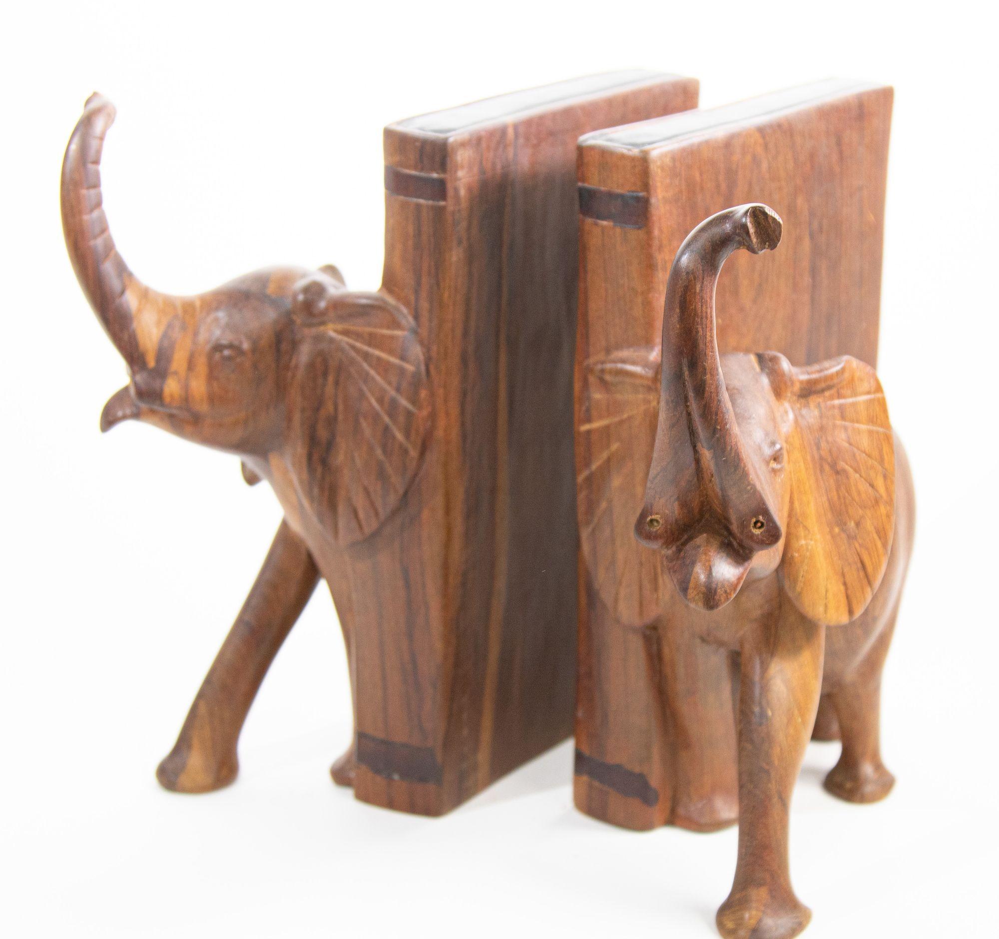 20th Century Vintage Hand-Carved Wood Elephant Bookends