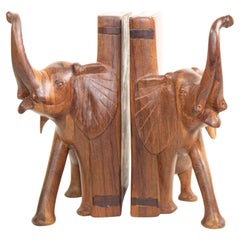 Vintage Hand-Carved Wood Elephant Bookends
