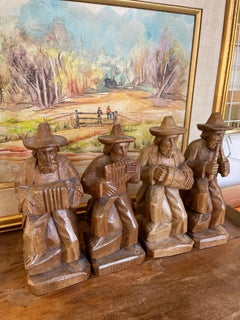 Vintage Hand-Carved Wood Folk Art Musician Figurines, Set of 4 Seated Players