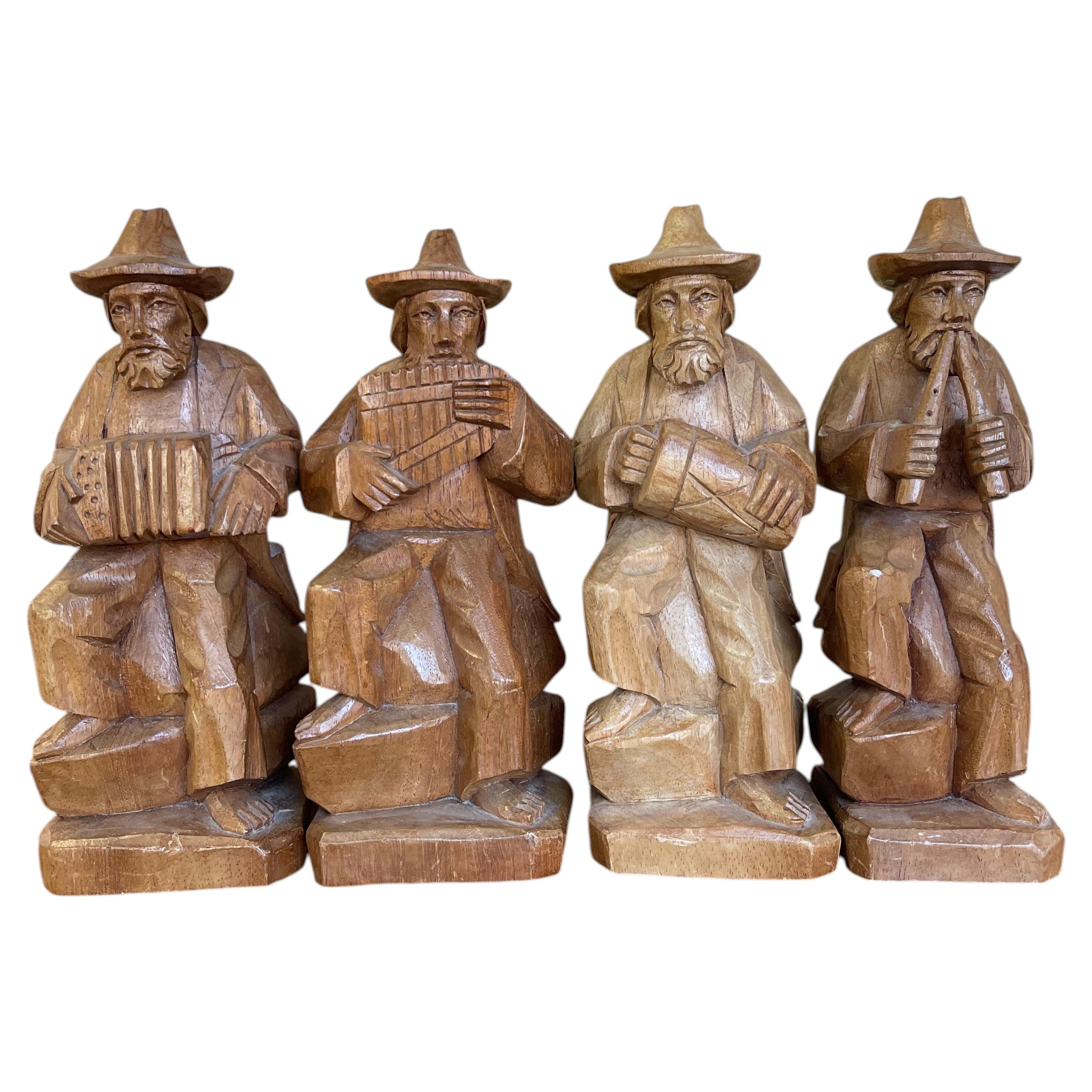Vintage Hand-Carved Wood Folk Art Musician Figurines, Set of 4 Seated Players