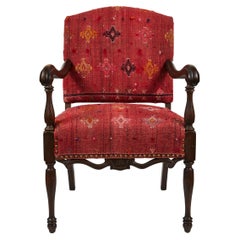 Vintage Hand Carved Wood Framed Arm Chair Newly Upholstered in Turkish Rug