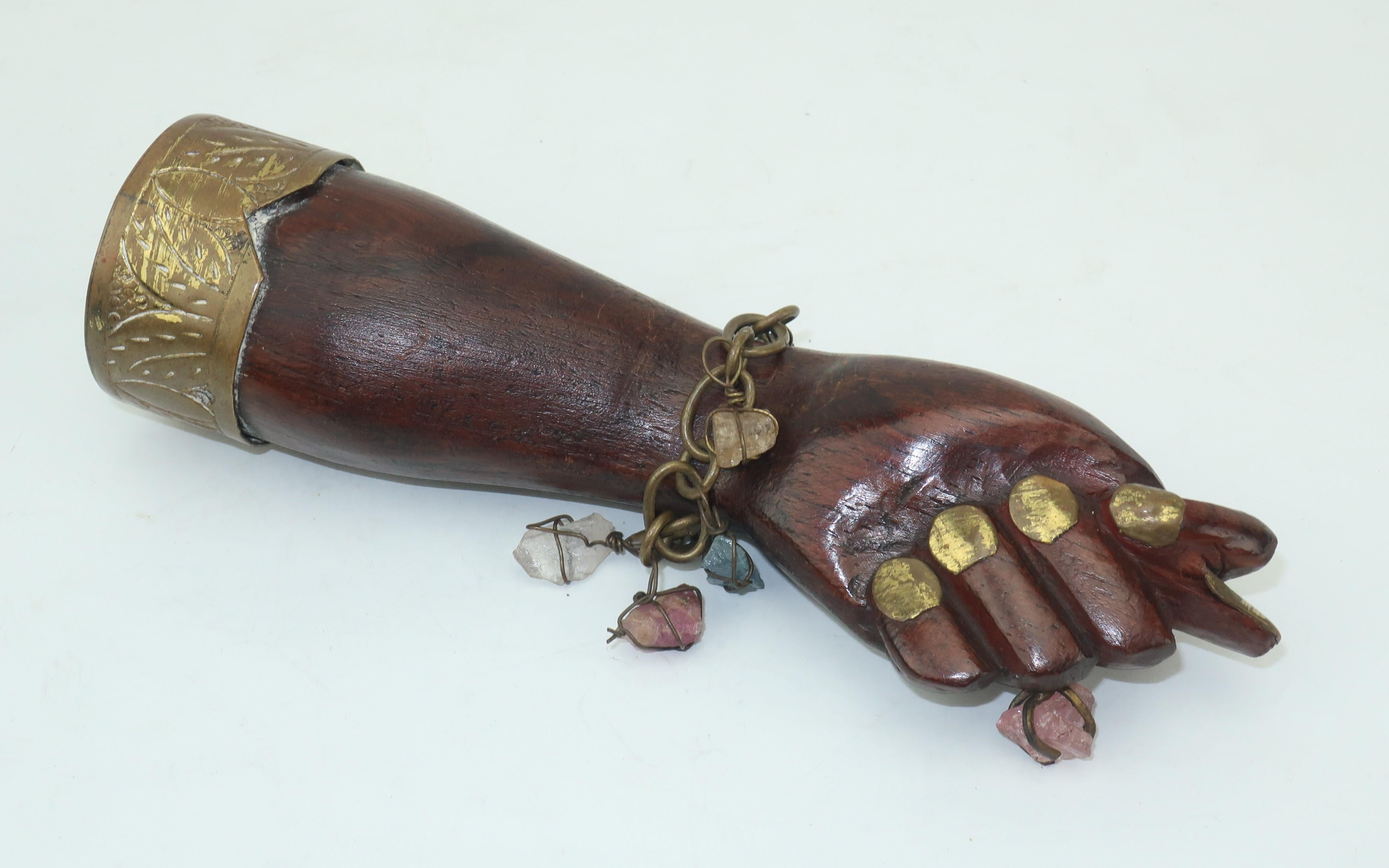 Vintage Hand Carved Wood & Quartz Figa Fist Pendant Charm In Good Condition In Atlanta, GA