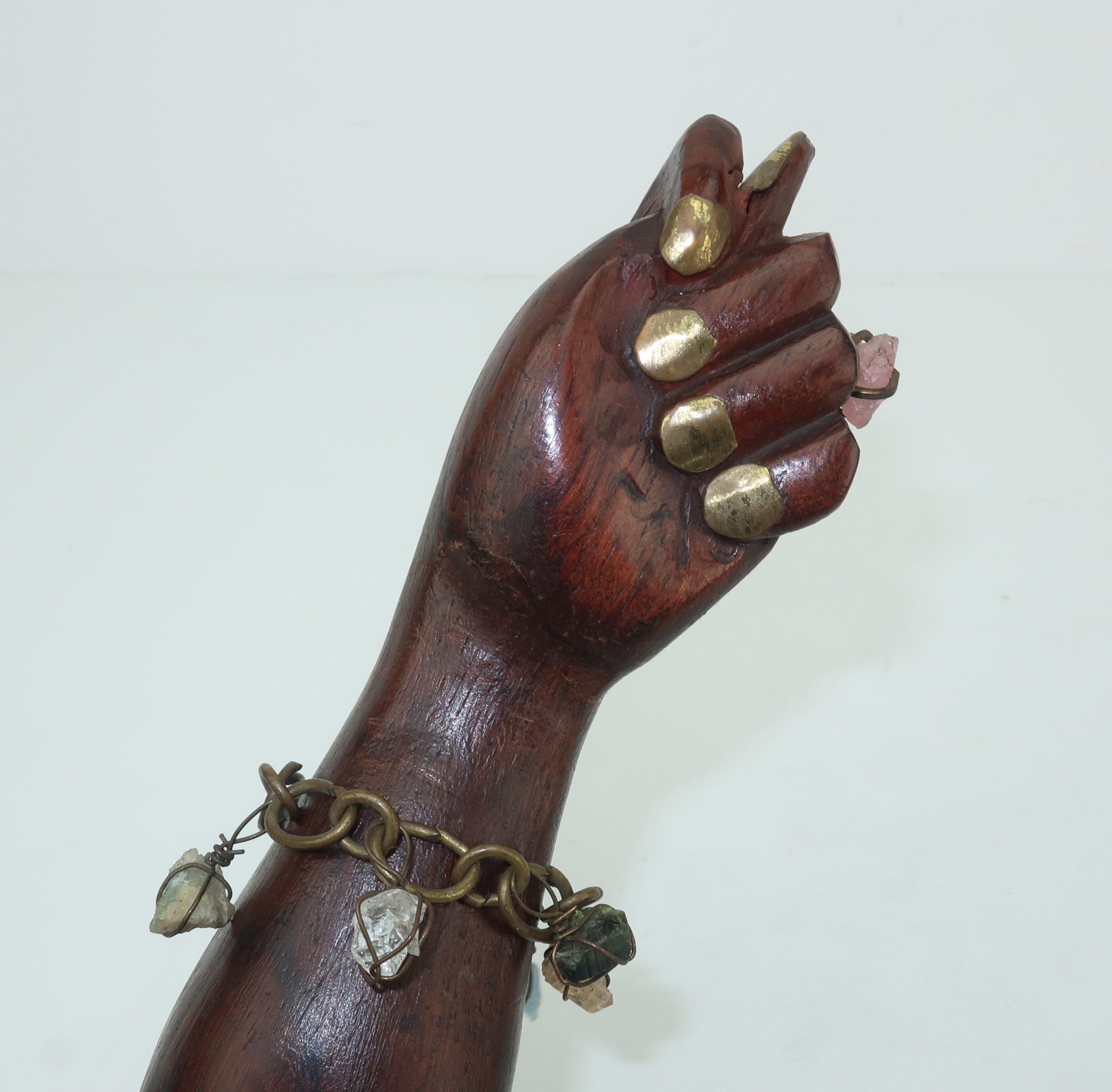 Women's or Men's Vintage Hand Carved Wood & Quartz Figa Fist Pendant Charm