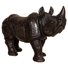 Vintage Hand Carved Wood Sculpture of Rhino from Africa