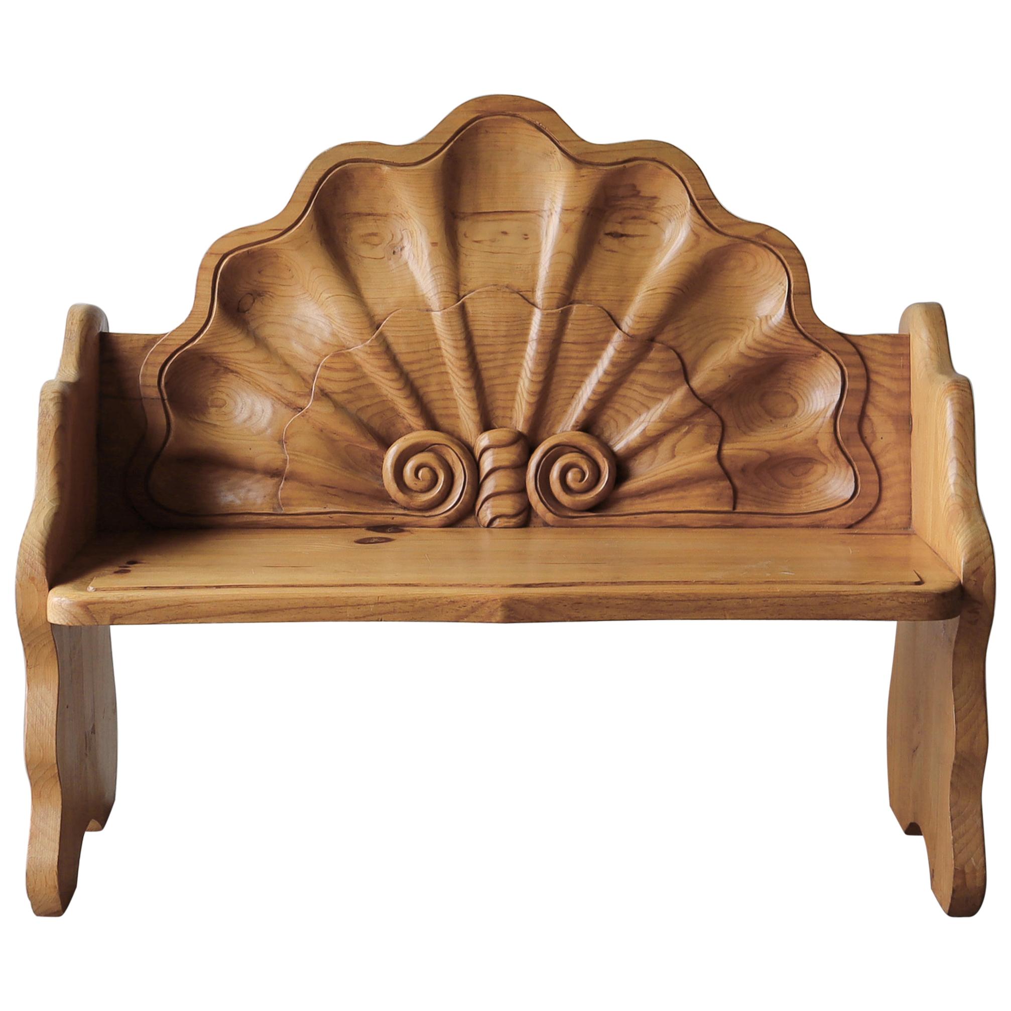 Vintage Hand Carved Wood Shell Motif Bench