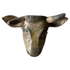 Vintage Hand Carved Wood Tribal Cow Bovine Mask Folk Art
