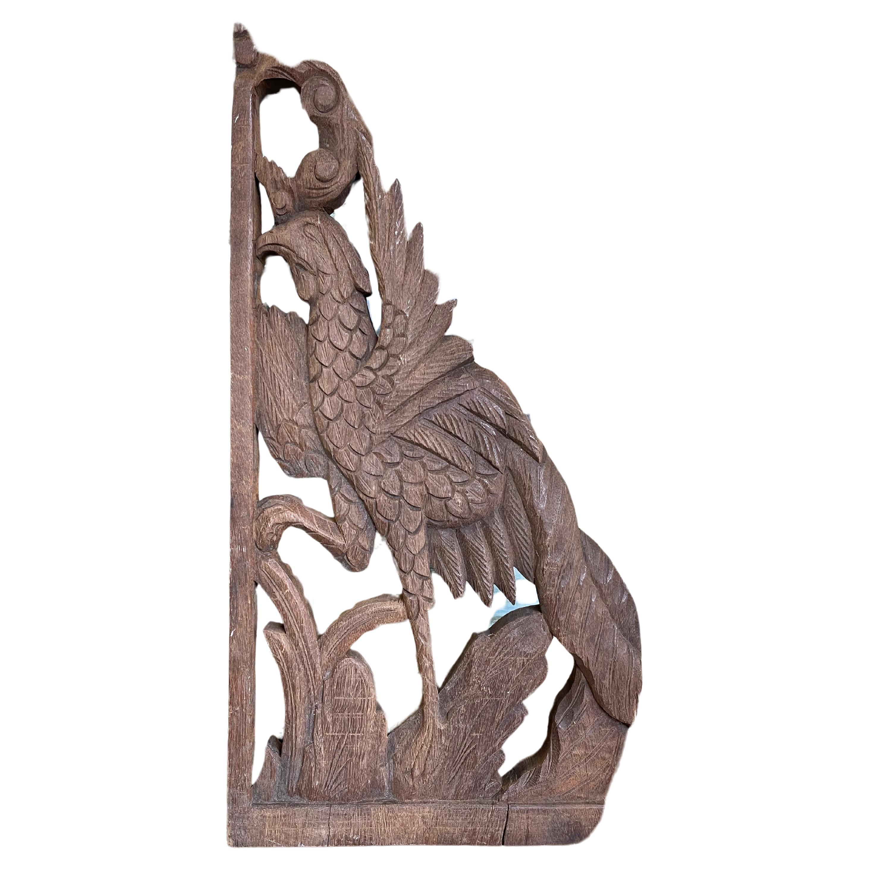 Vintage Hand-Carved Wooden Architectural Panel Featuring Bird Motif