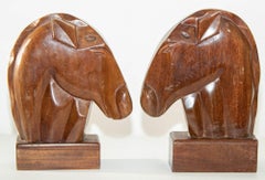 Vintage Hand Carved Wooden Art Deco Horse Head Bookends a Pair