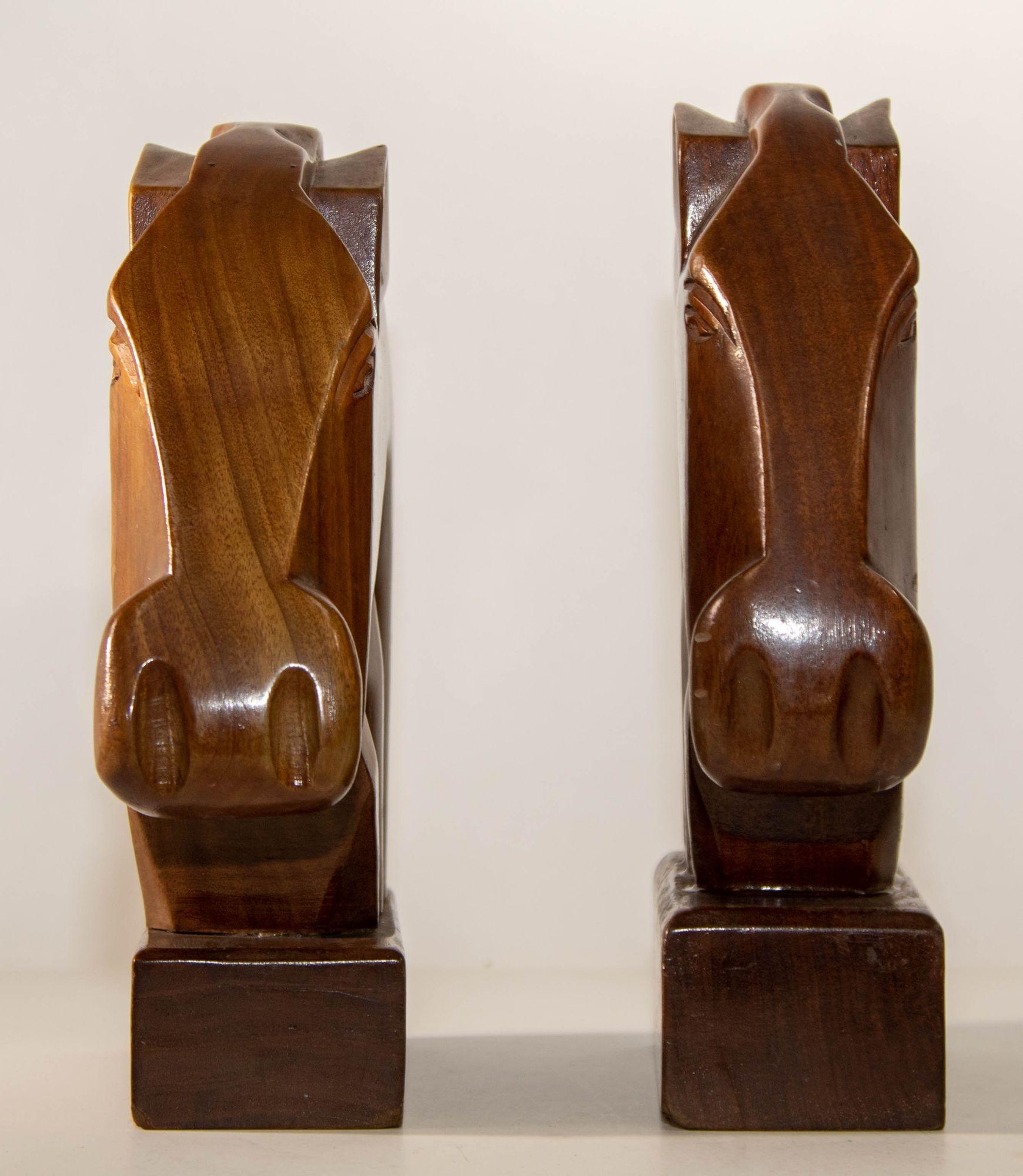 Vintage Hand Carved Wooden Art Deco Horse Head Bookends a Pair In Good Condition For Sale In North Hollywood, CA