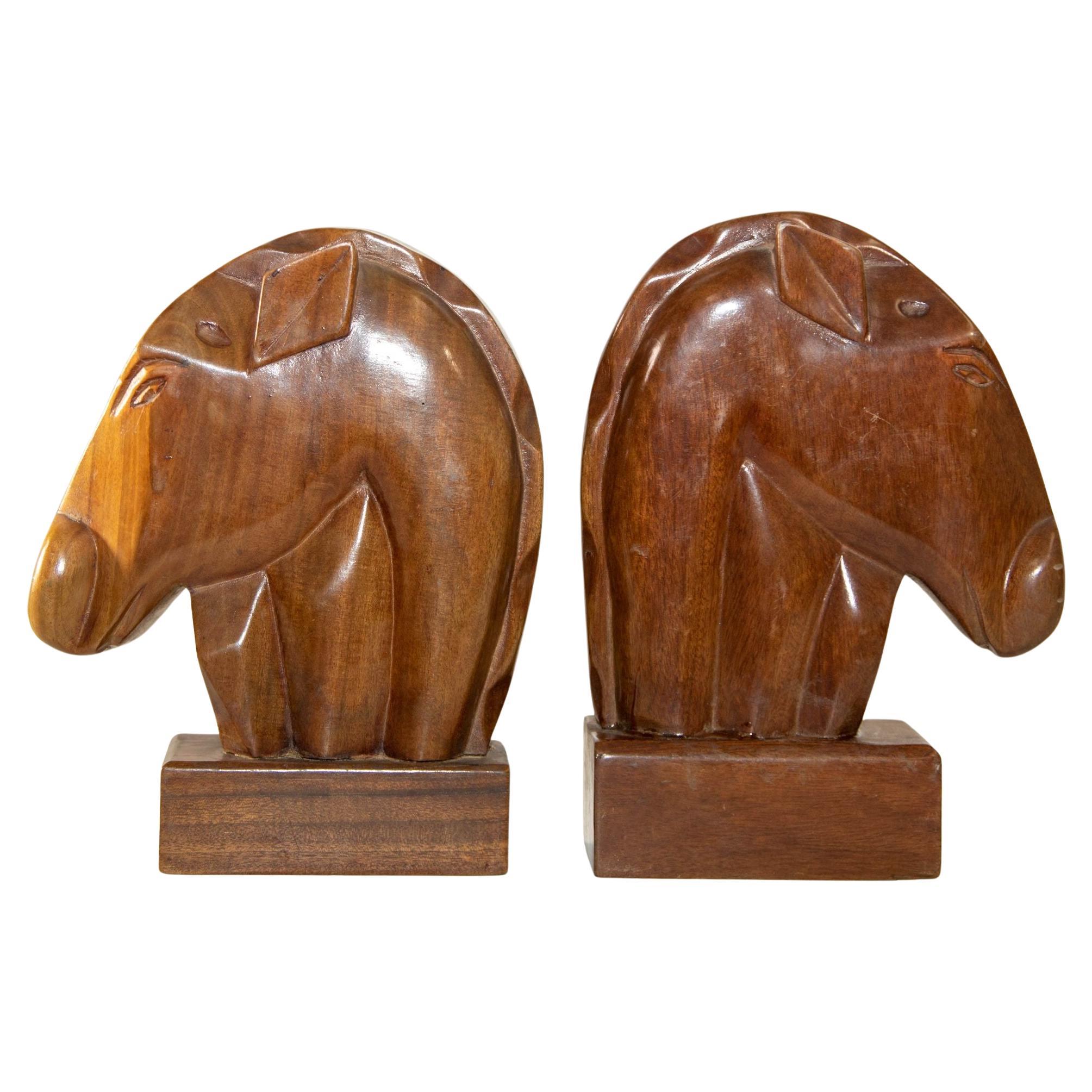 Vintage Hand Carved Wooden Art Deco Horse Head Bookends a Pair