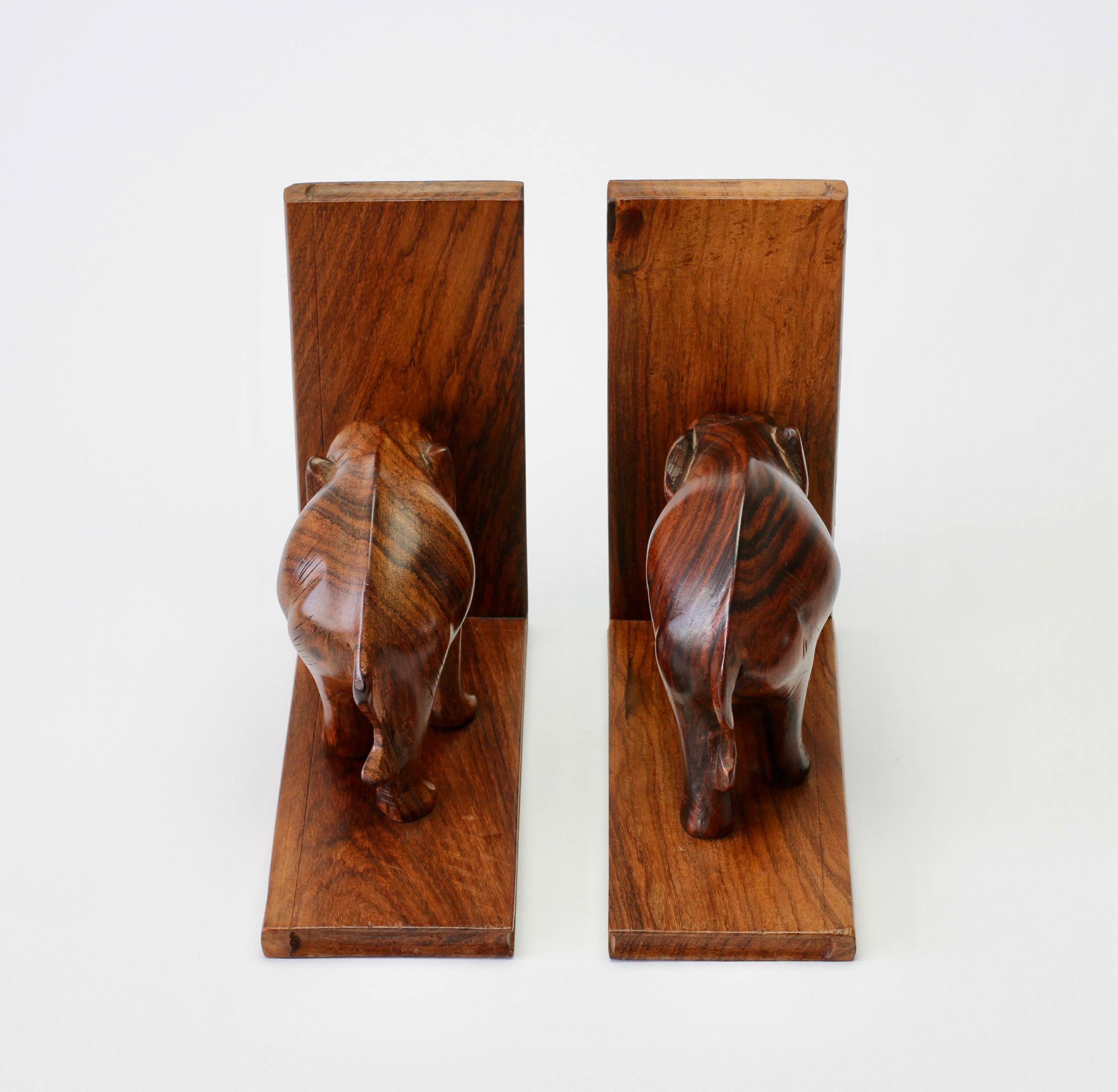 Hand Carved Wooden Book Ends with Elephant Sculptures / Figures, circa 1960s 3