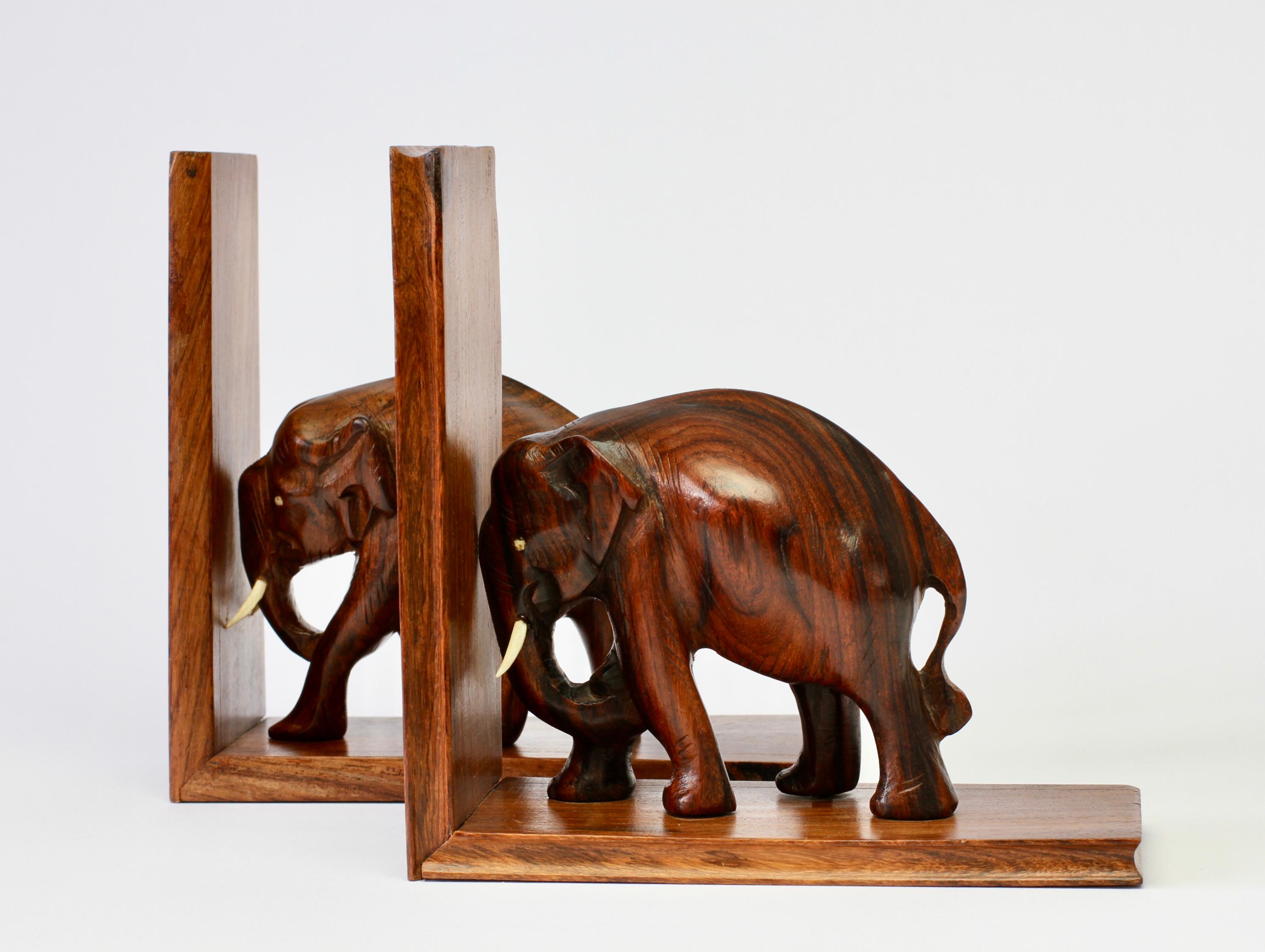 Hand Carved Wooden Book Ends with Elephant Sculptures / Figures, circa 1960s 5