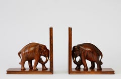 Hand Carved Wooden Book Ends with Elephant Sculptures / Figures, circa 1960s
