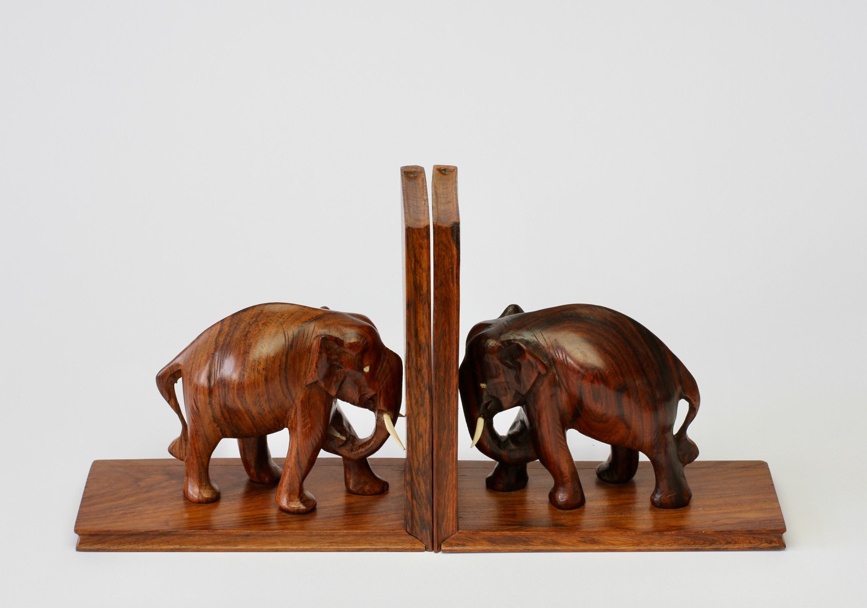Mid-Century Modern Hand Carved Wooden Book Ends with Elephant Sculptures / Figures, circa 1960s