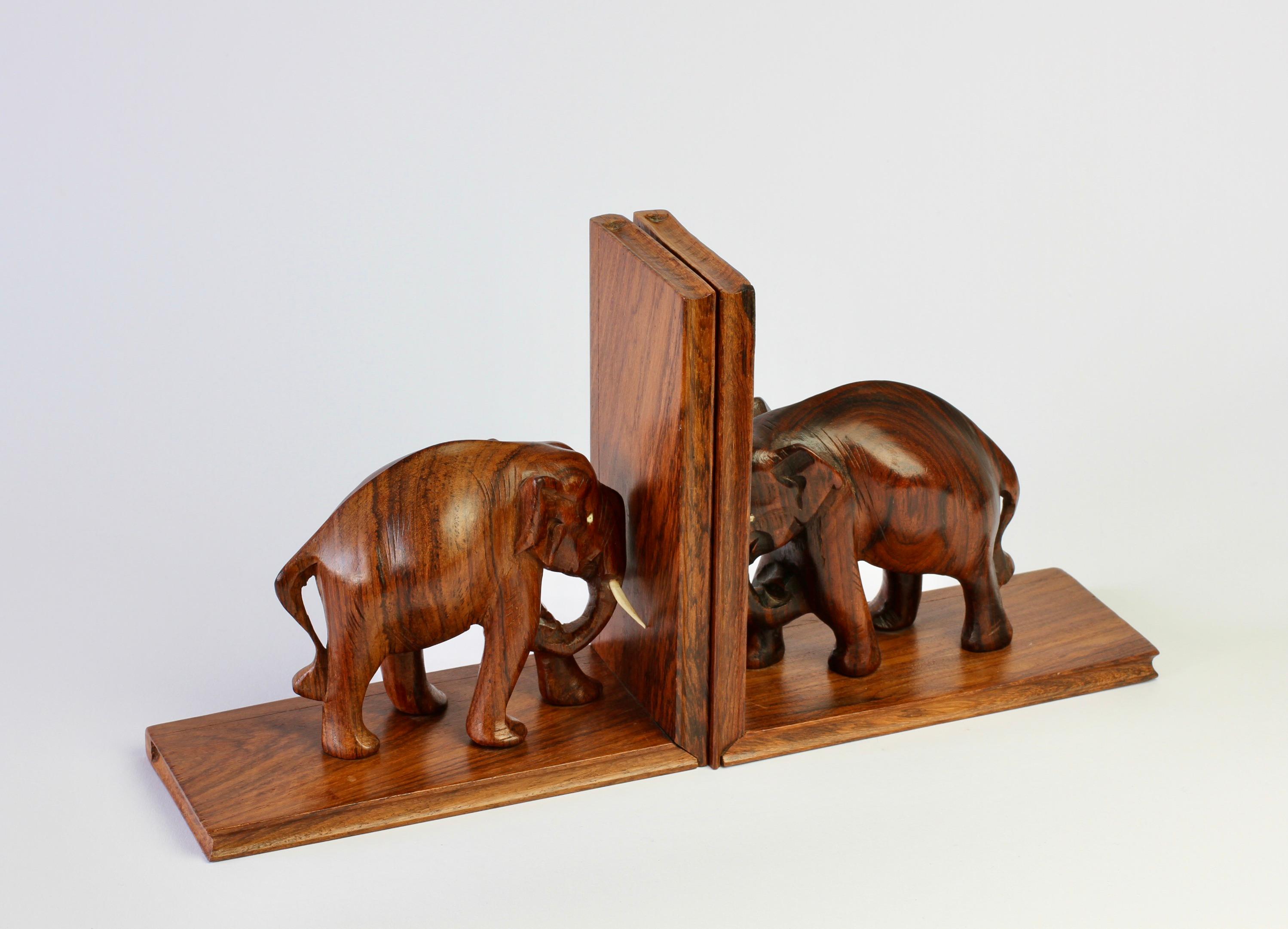 Unknown Hand Carved Wooden Book Ends with Elephant Sculptures / Figures, circa 1960s
