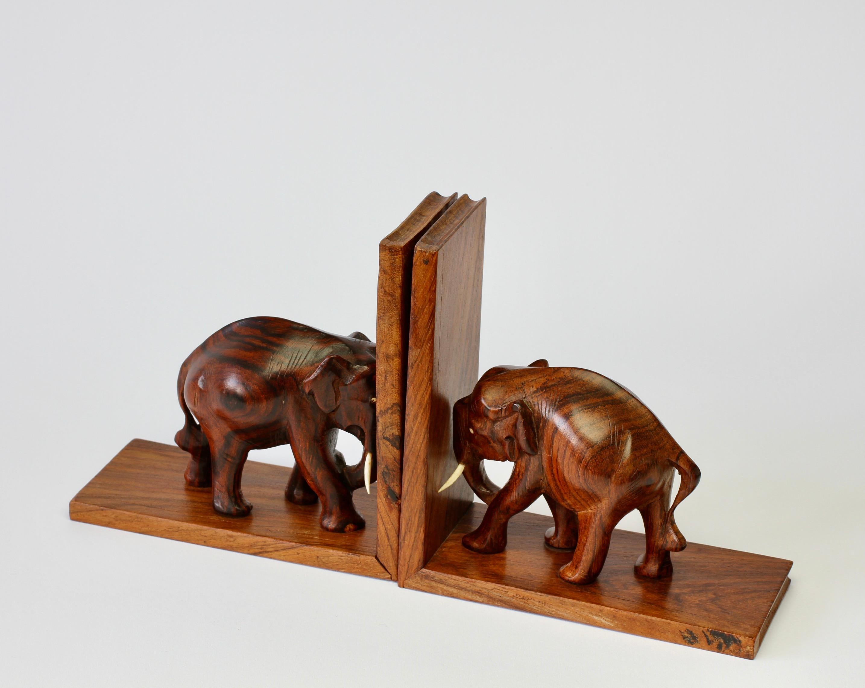 Hand-Carved Hand Carved Wooden Book Ends with Elephant Sculptures / Figures, circa 1960s