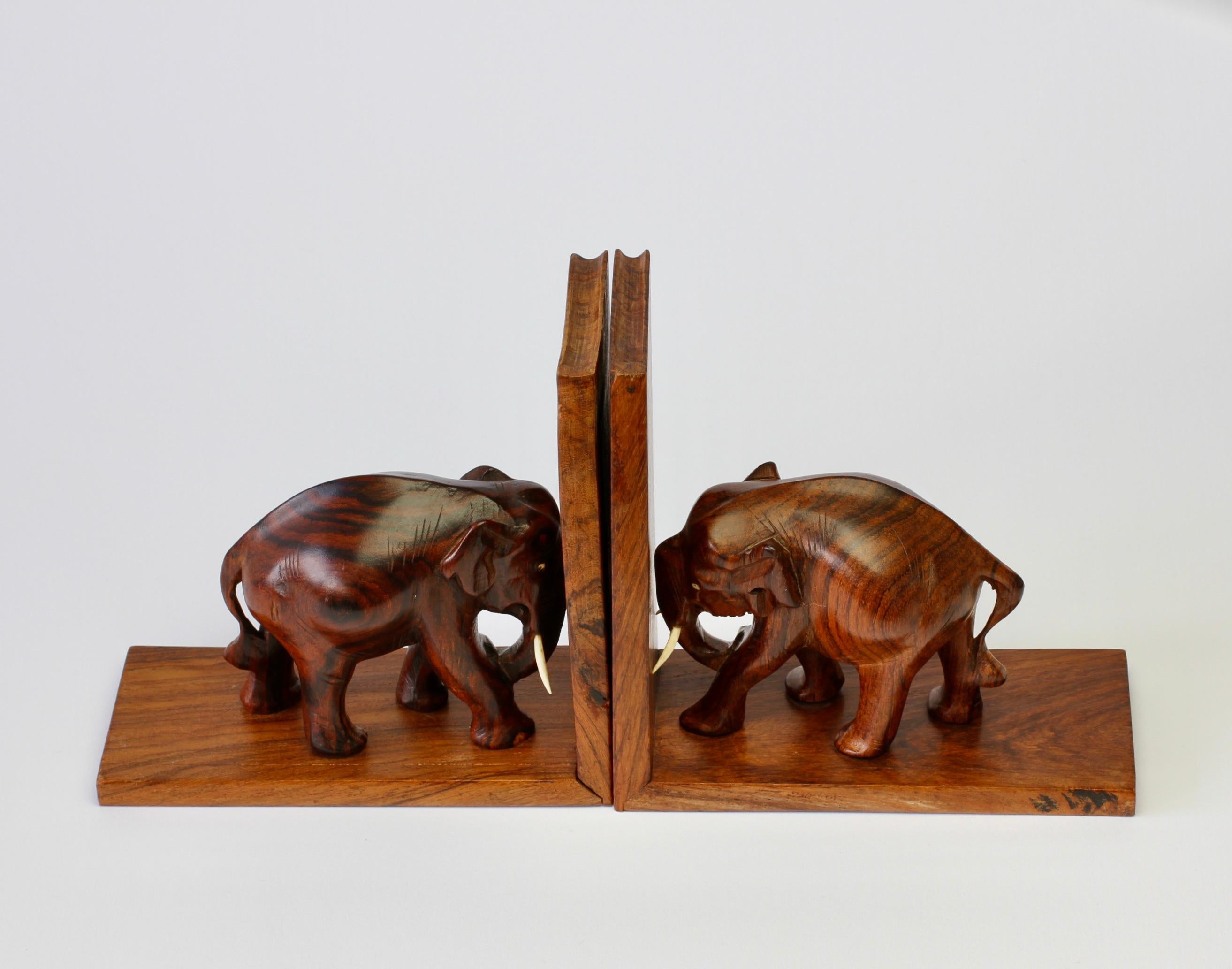 Mid-20th Century Hand Carved Wooden Book Ends with Elephant Sculptures / Figures, circa 1960s