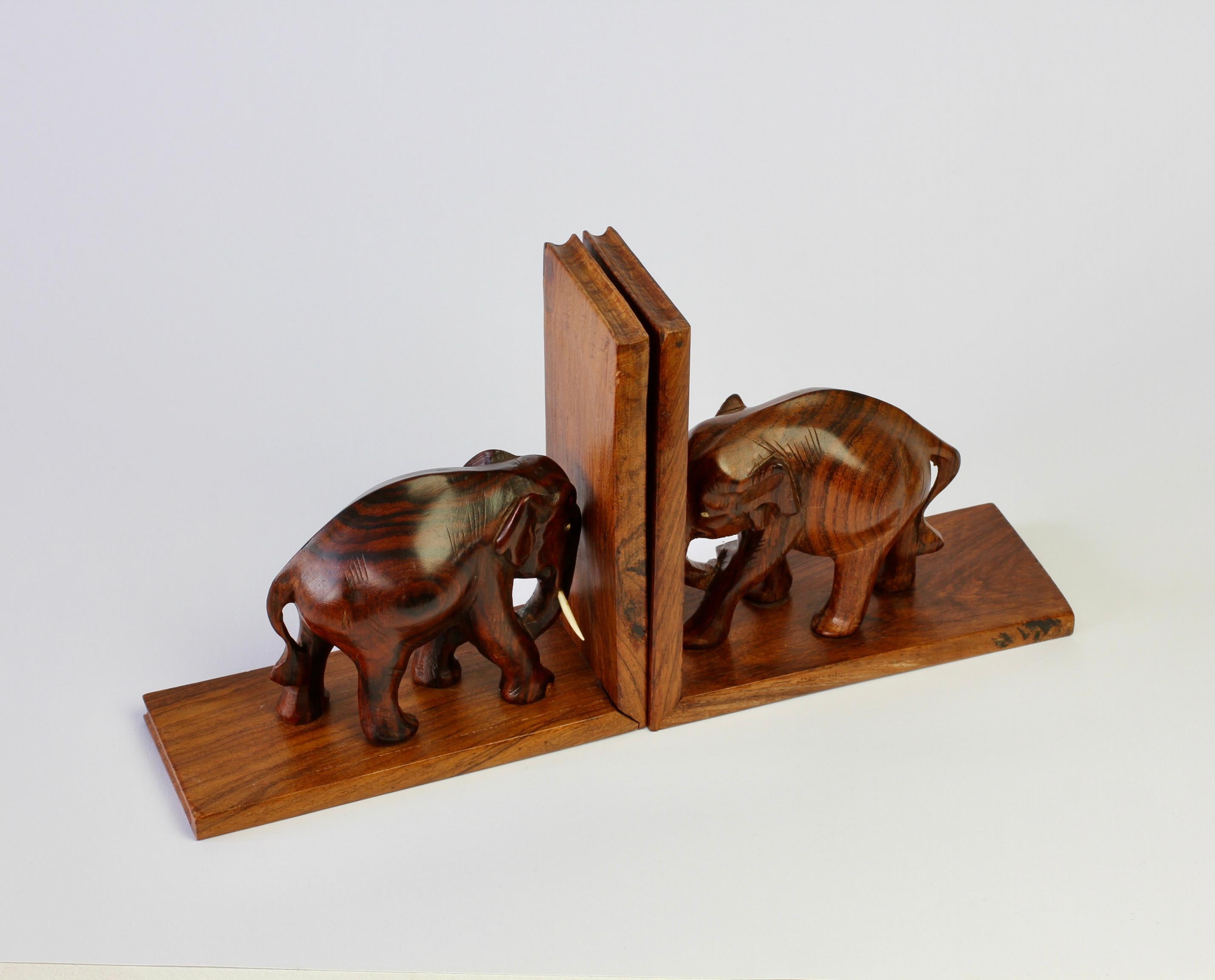 Hand Carved Wooden Book Ends with Elephant Sculptures / Figures, circa 1960s 1