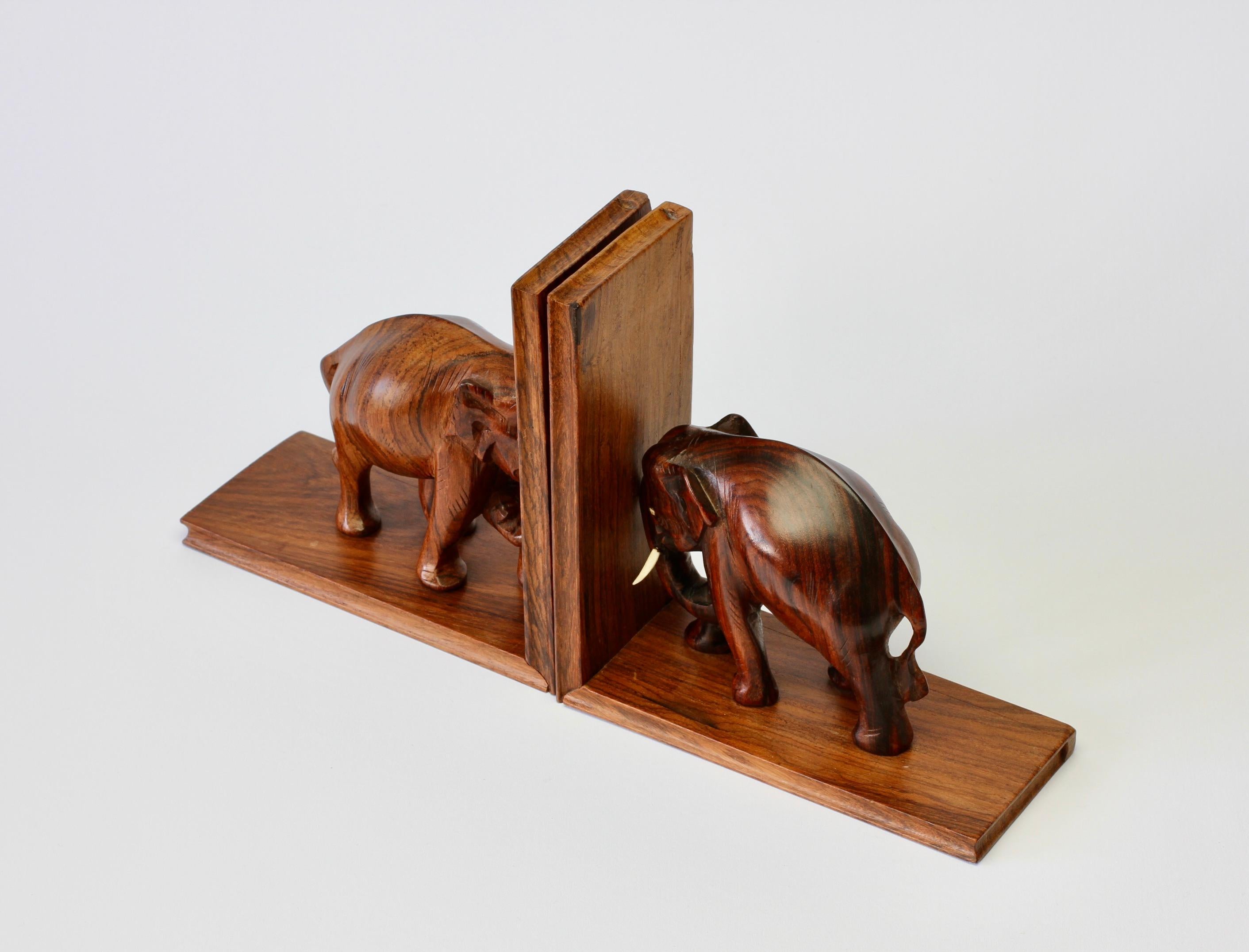 Hand Carved Wooden Book Ends with Elephant Sculptures / Figures, circa 1960s 2