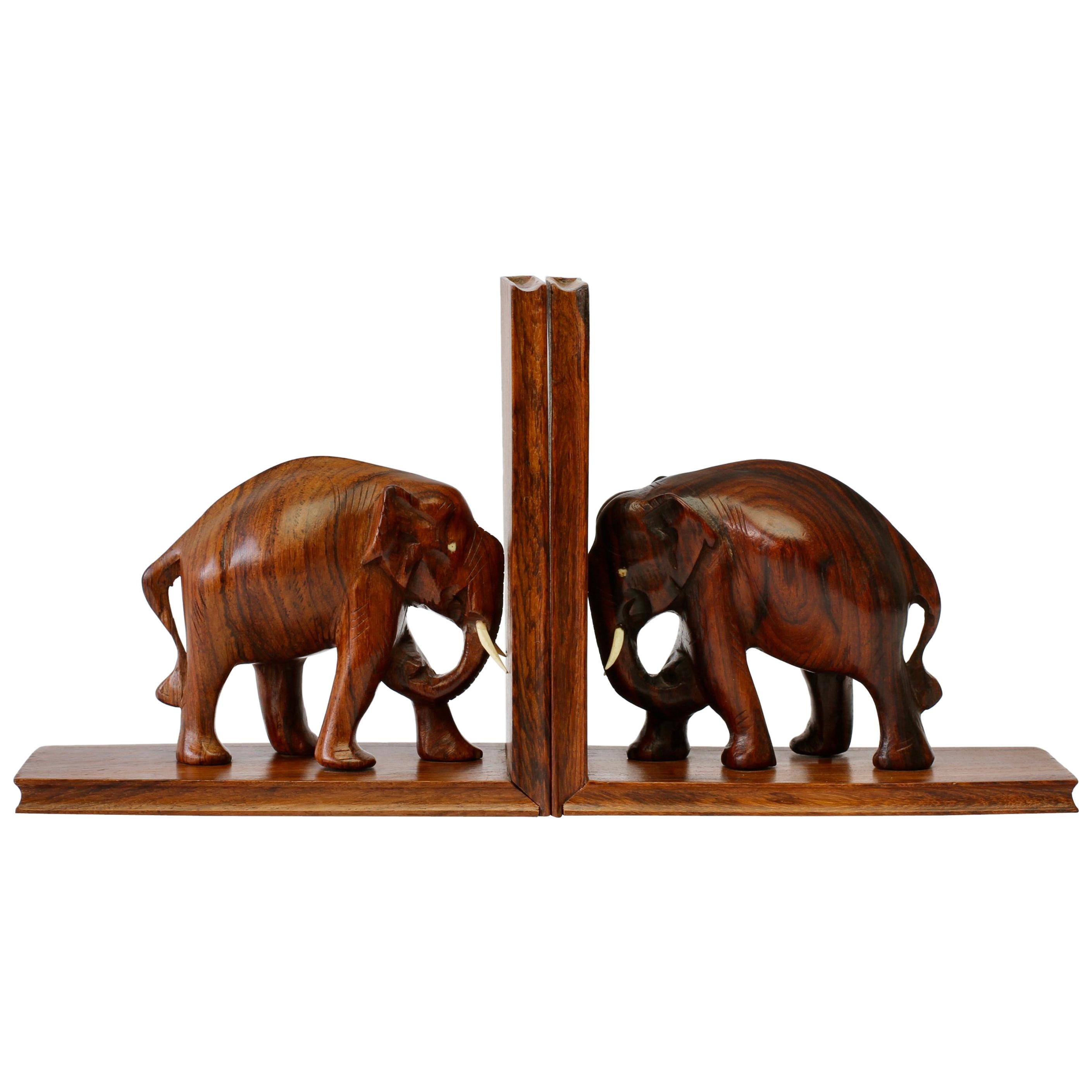 Hand Carved Wooden Book Ends with Elephant Sculptures / Figures, circa 1960s