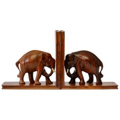 Hand Carved Wooden Book Ends with Elephant Sculptures / Figures, circa 1960s