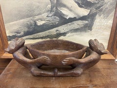 Vintage Hand Carved Wooden Bowl With Figurines.