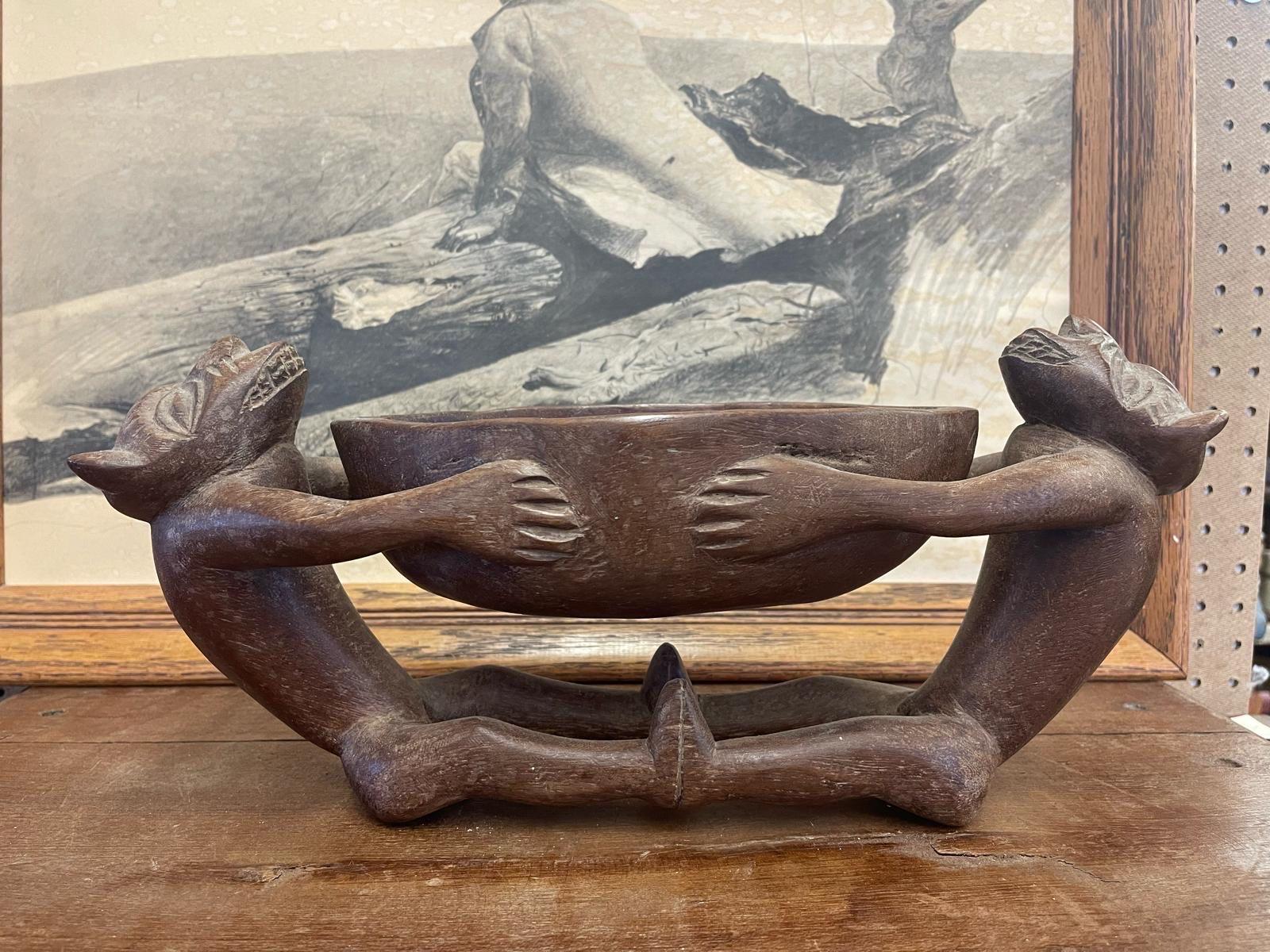Mid-Century Modern Vintage Hand Carved Wooden Bowl With Figurines. For Sale