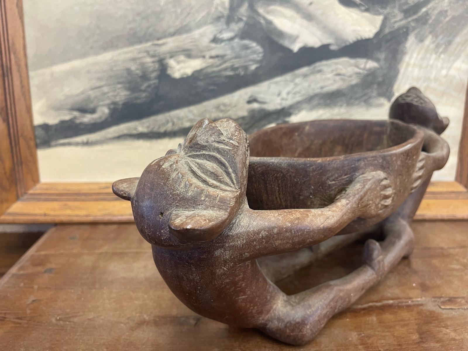 Late 20th Century Vintage Hand Carved Wooden Bowl With Figurines. For Sale