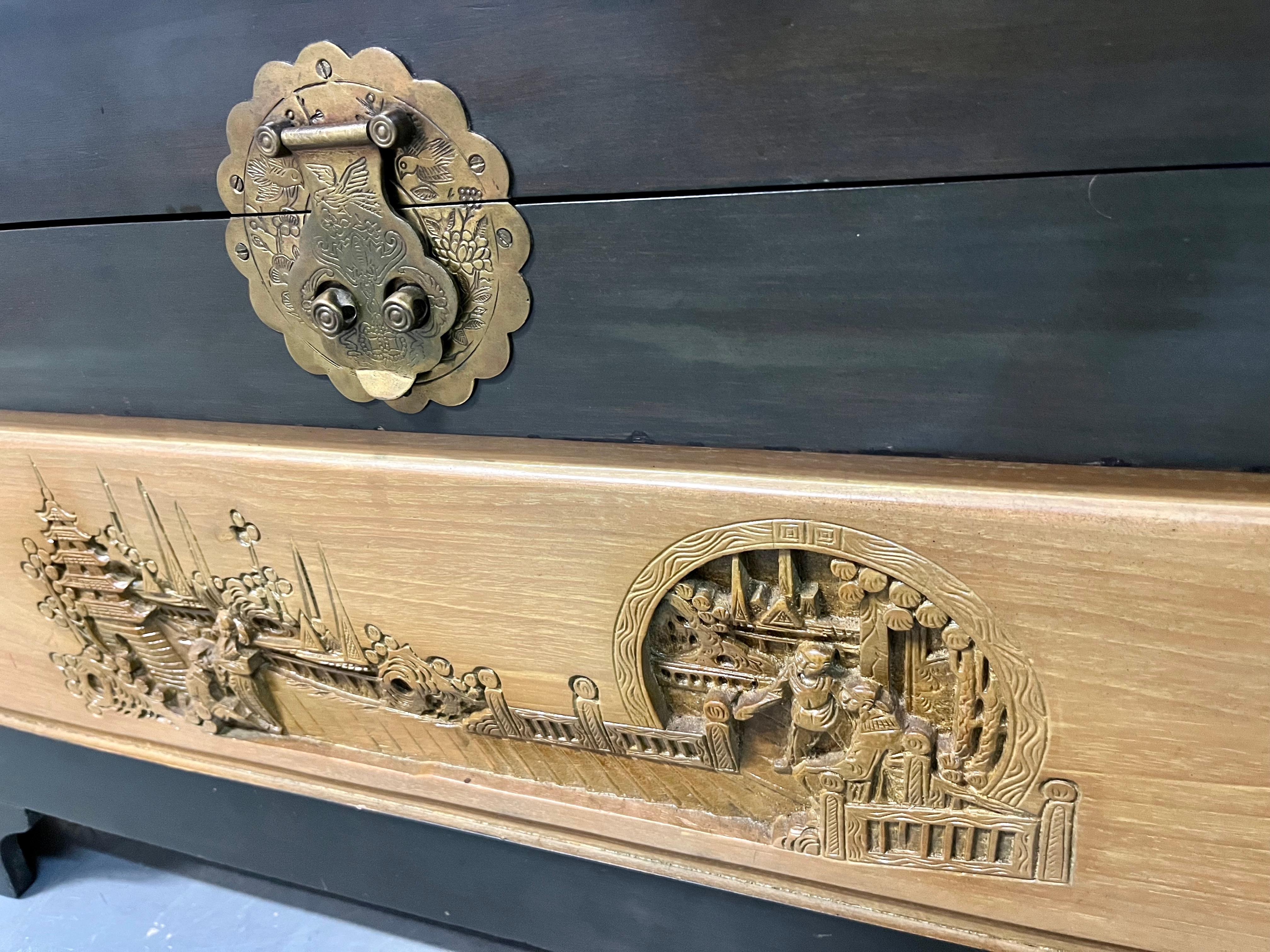 Vintage Hand Carved Wooden Chest by George Foo Company, Hong Kong. Circa 1960s For Sale 8