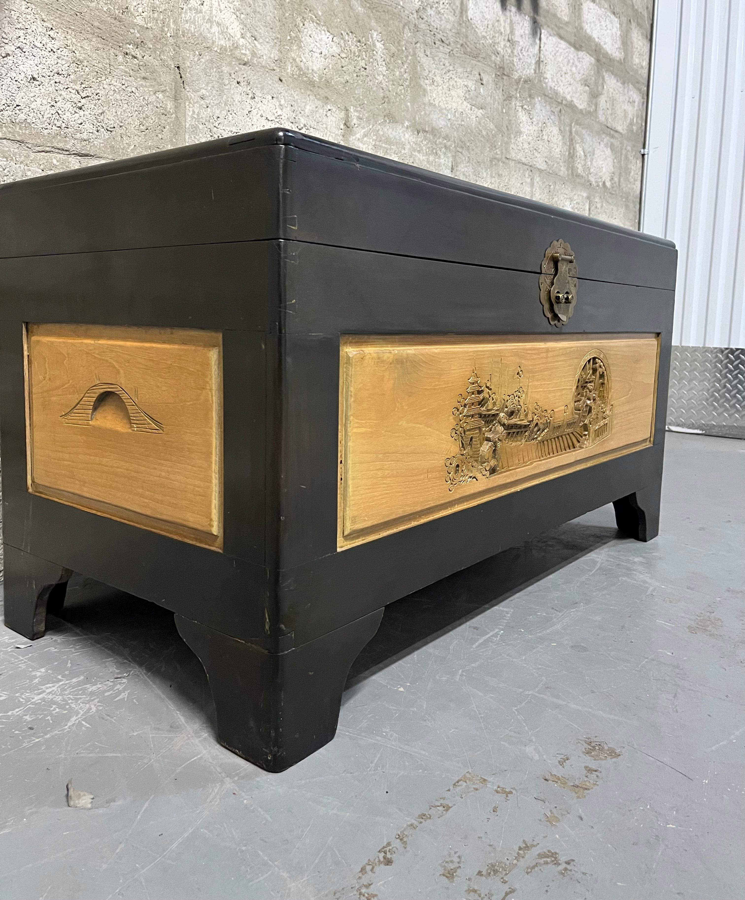 Mid-20th Century Vintage Hand Carved Wooden Chest by George Foo Company, Hong Kong. Circa 1960s For Sale