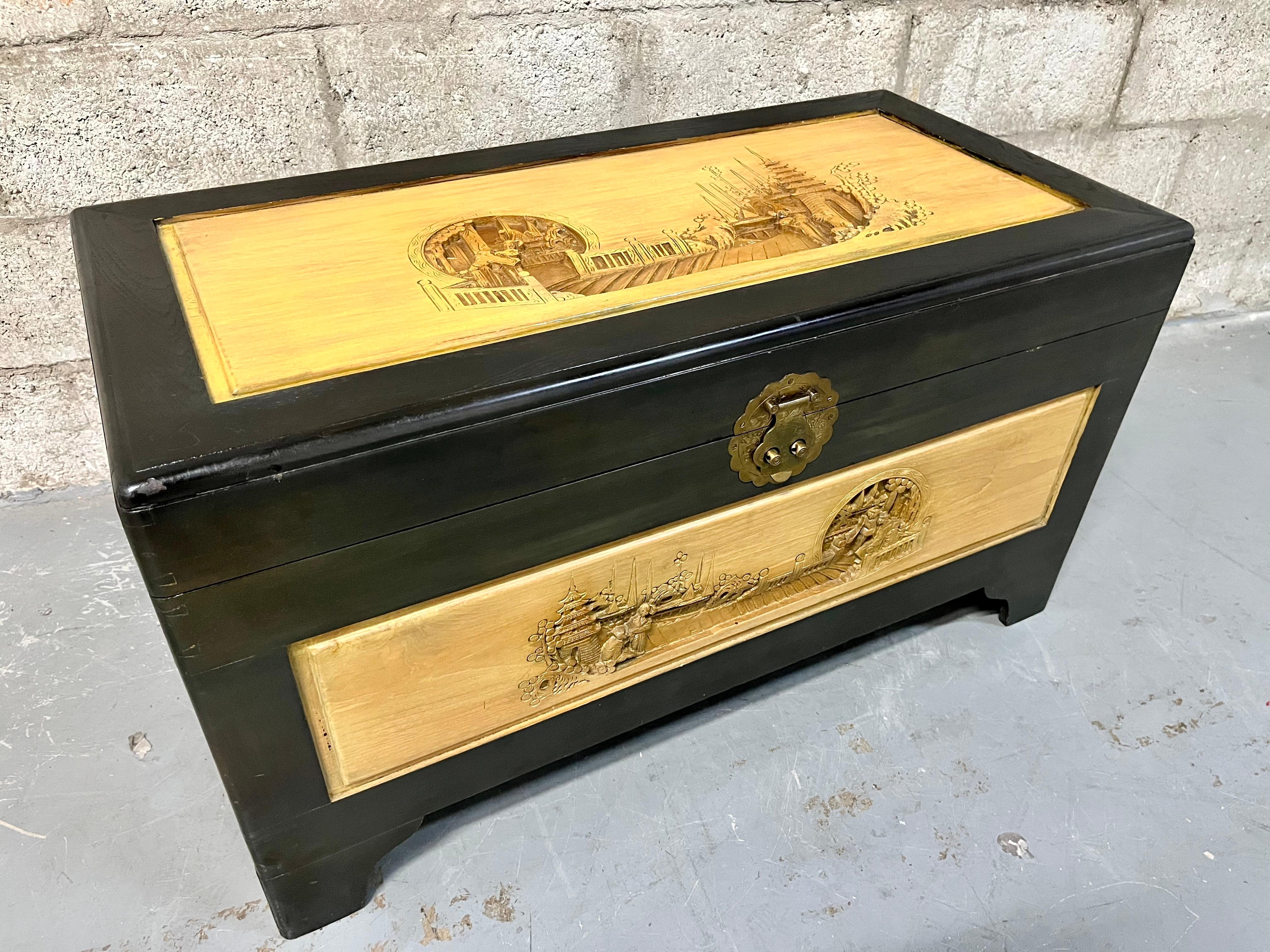 Vintage Hand Carved Wooden Chest by George Foo Company, Hong Kong. Circa 1960s For Sale 1