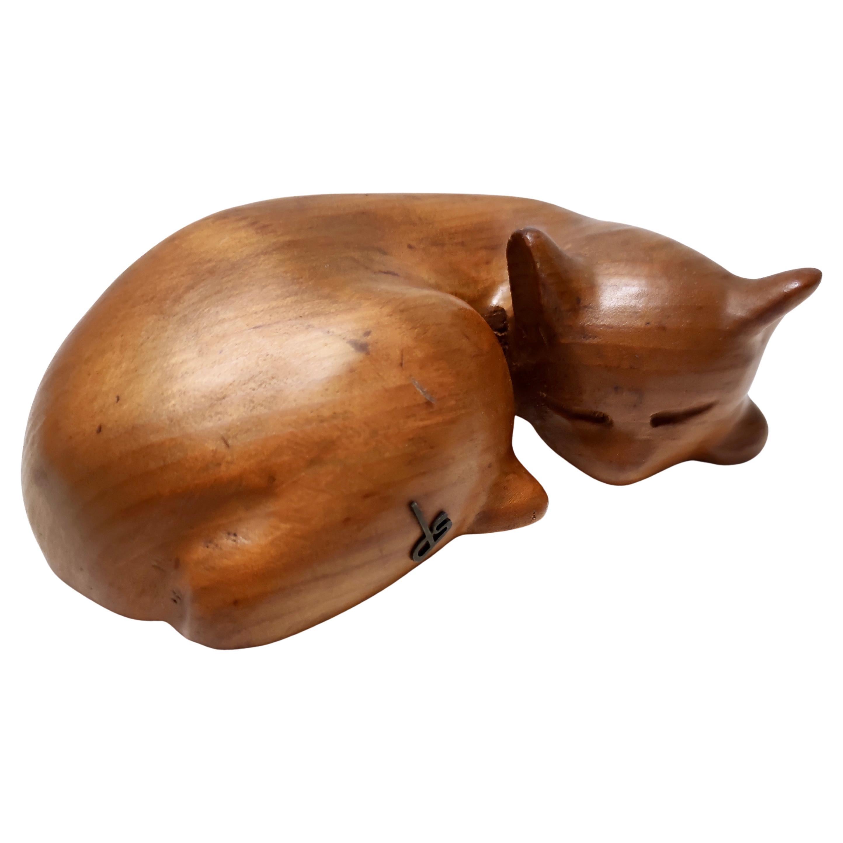 Vintage Hand Carved Wooden Decorative Sleeping Cat by De Stijl, Florence, Italy For Sale