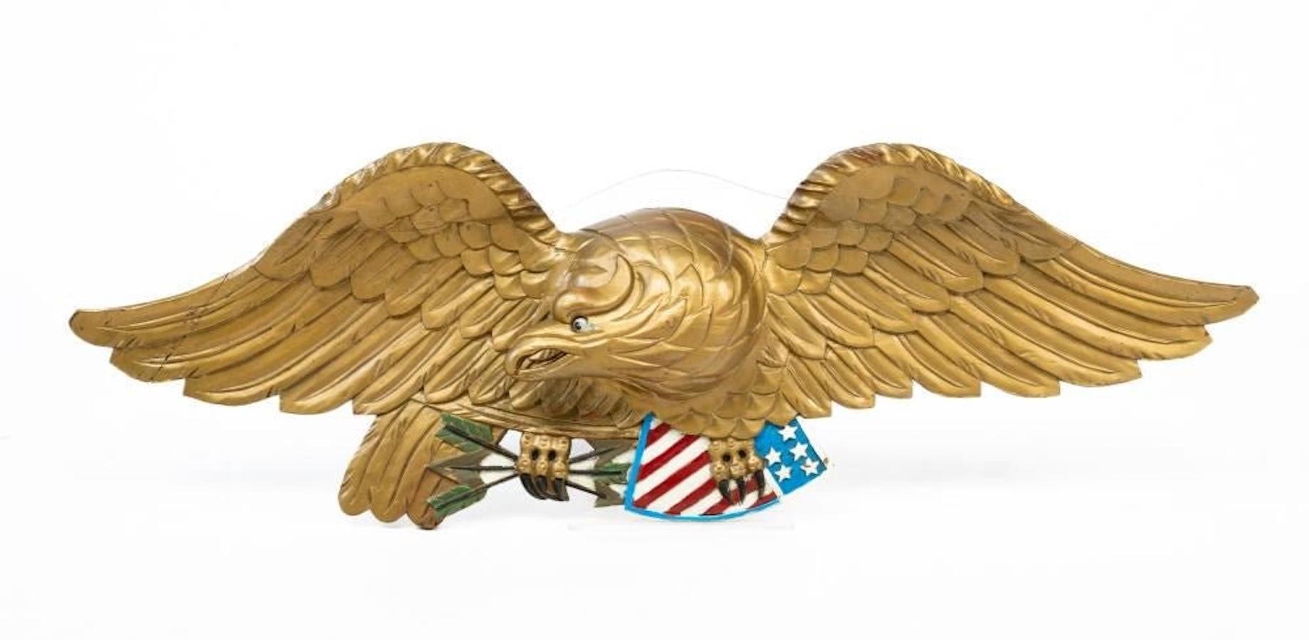 Federal Vintage Hand-Carved Wooden Eagle with Shield and Arrows, Circa 1900