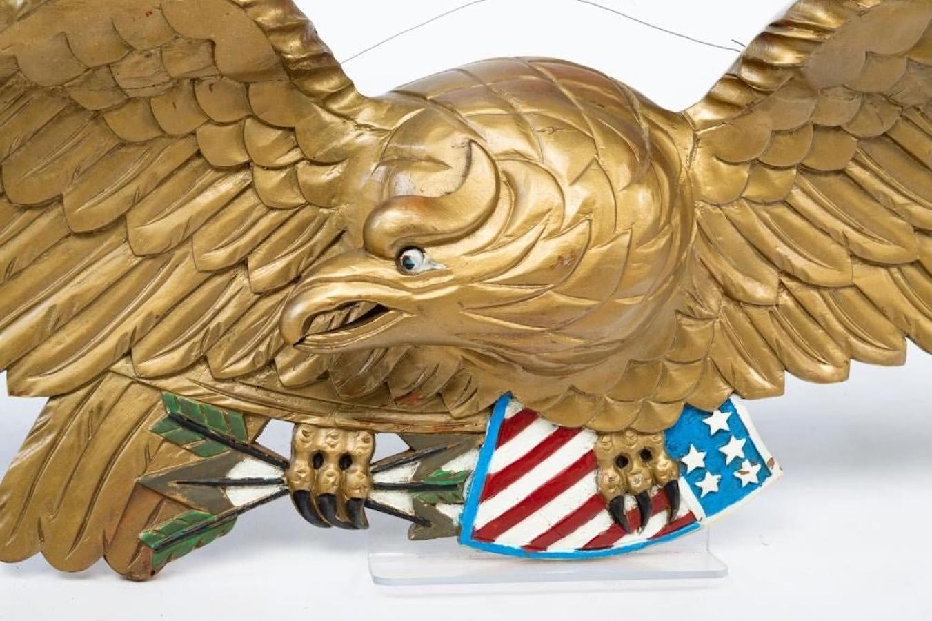 Gilt Vintage Hand-Carved Wooden Eagle with Shield and Arrows, Circa 1900