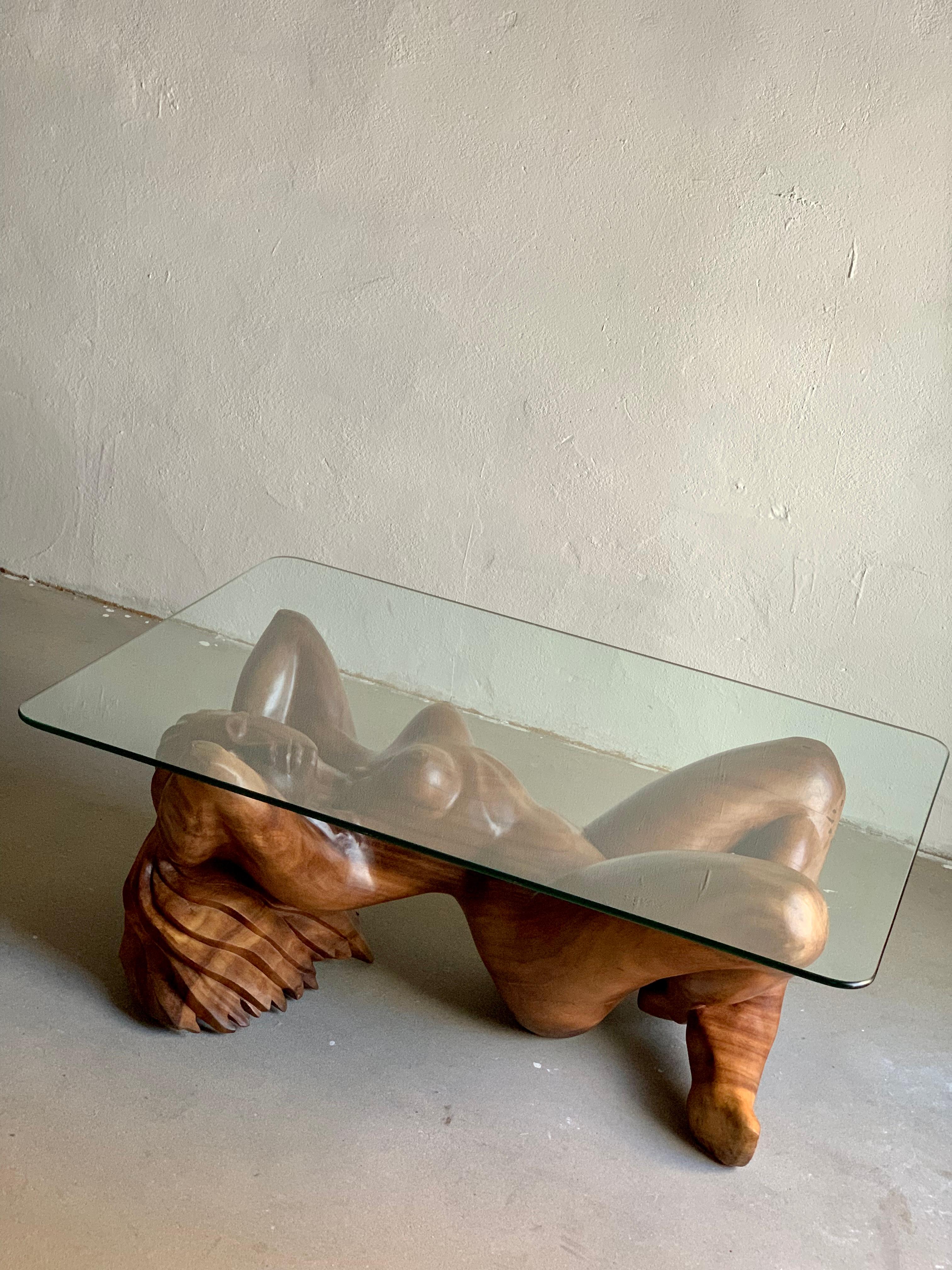 Bois Vintage Hand-Carved Wooden Female Nude Sculpture Coffee Table Base en vente